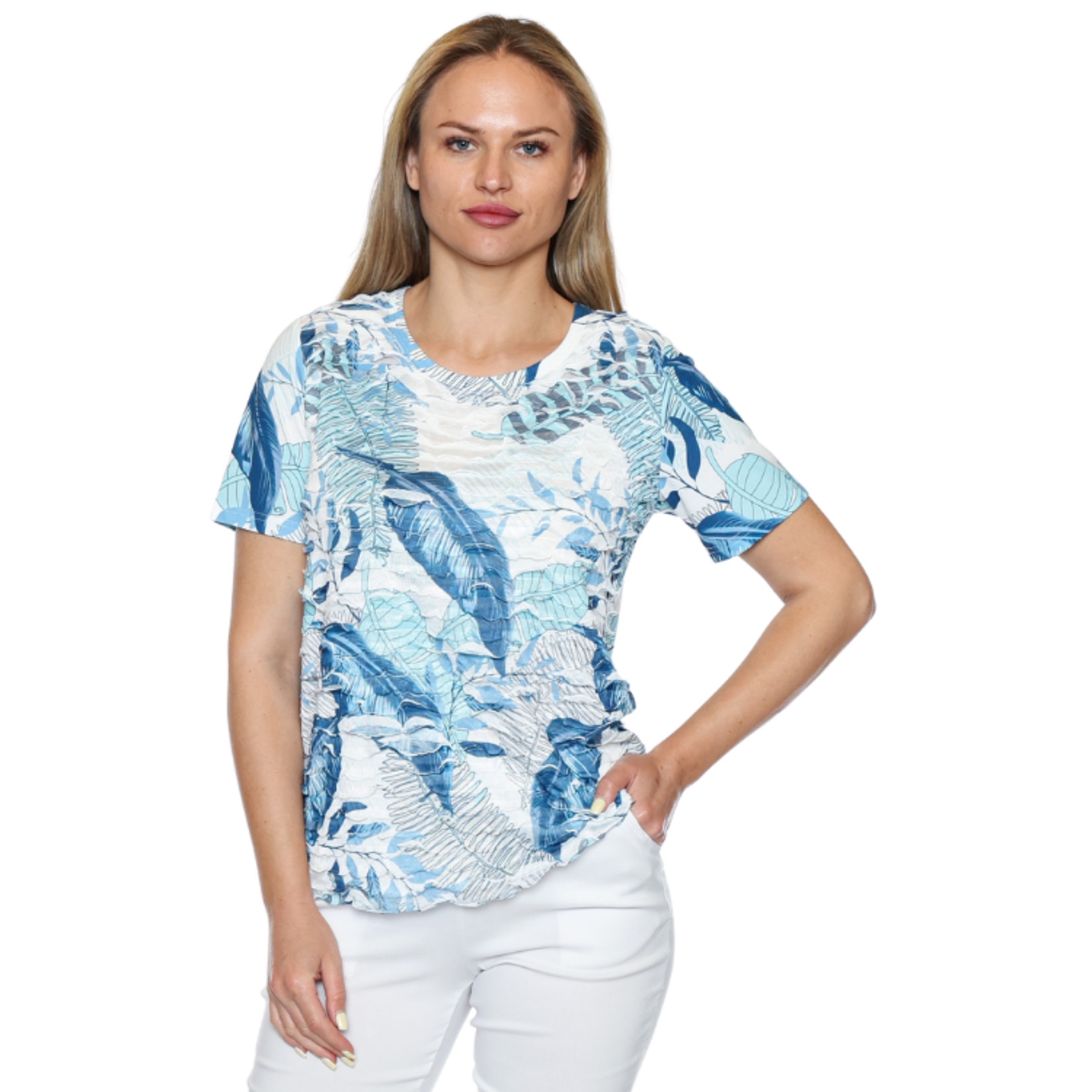 Papa Fashions Papa Fashions - Ruched Botanical Short Sleeve Top