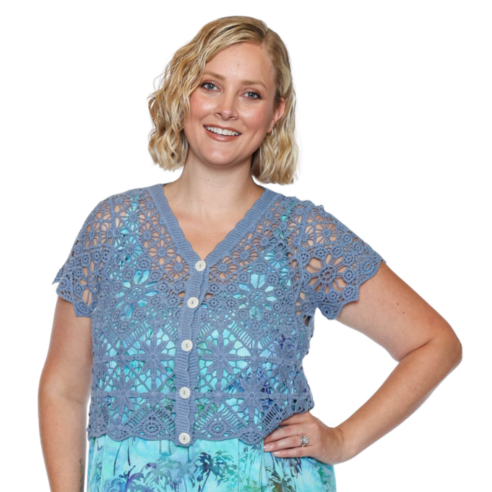 Papa Fashions Papa Fashions - Cropped Crochet Lace Button-Front Cardigan