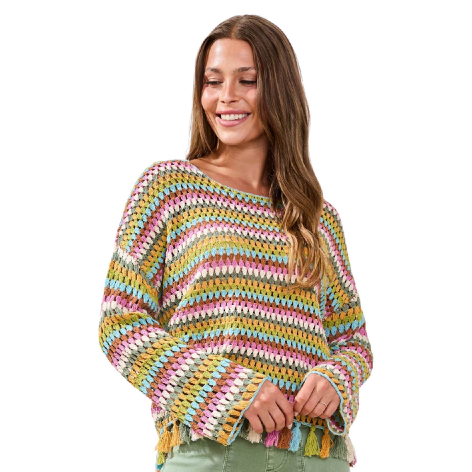 Tribal Tribal - Multicolor Crochet Bell Sleeve Sweater w/ Tassels