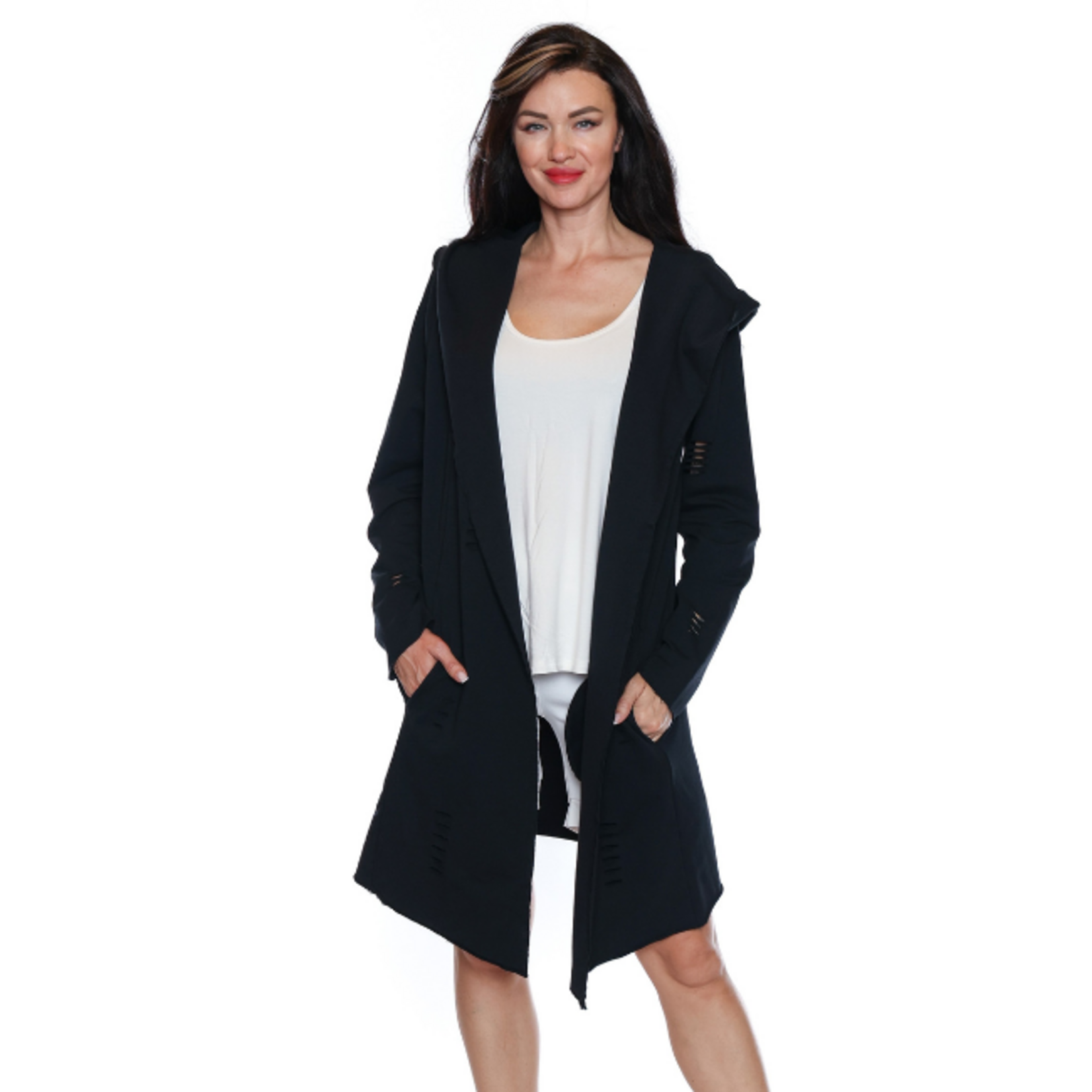 Sorella Sorella - Cotton Jersey Distressed Cardigan w/ Hood