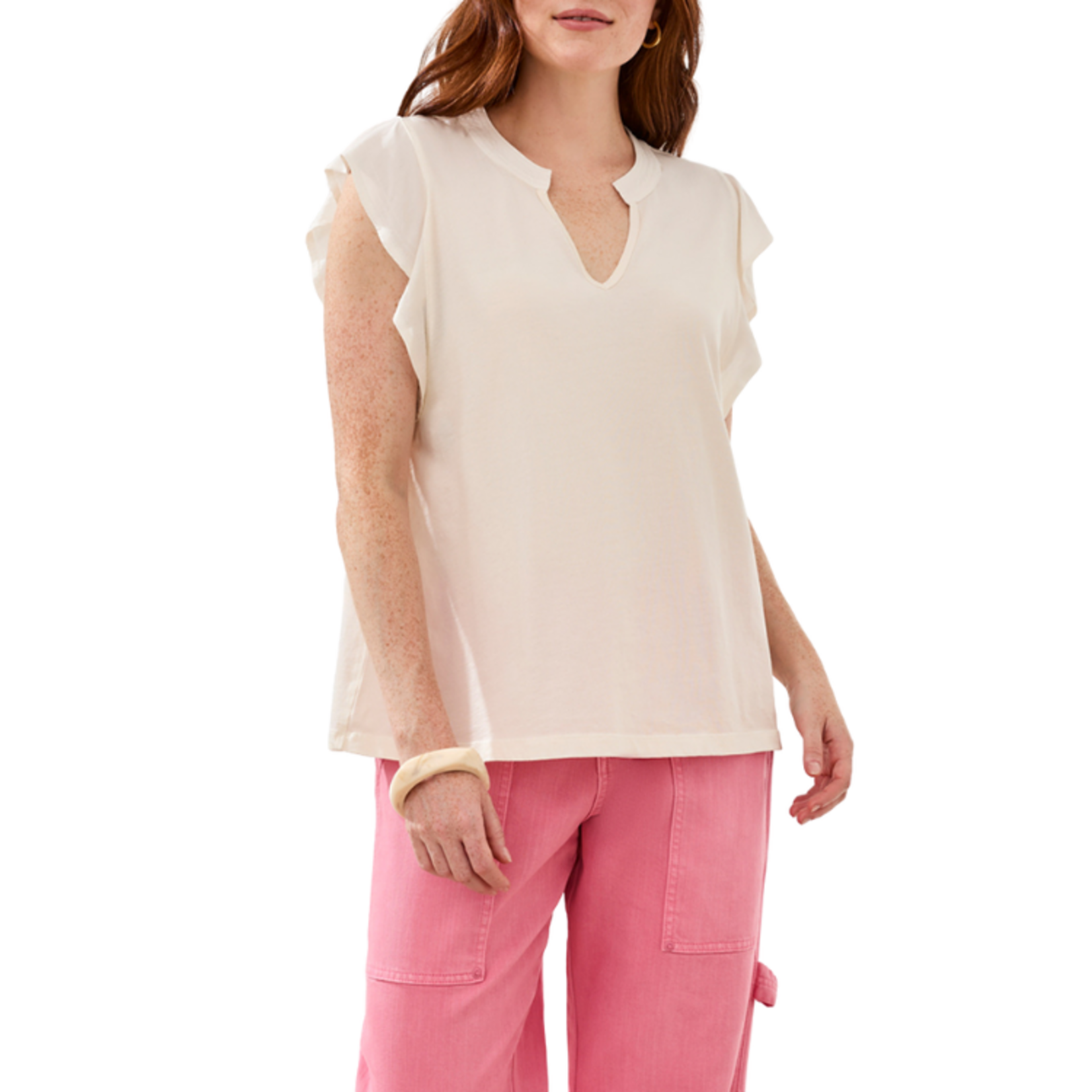 Tribal Tribal - Mixed Media Ruffle Sleeve V-Neck Top