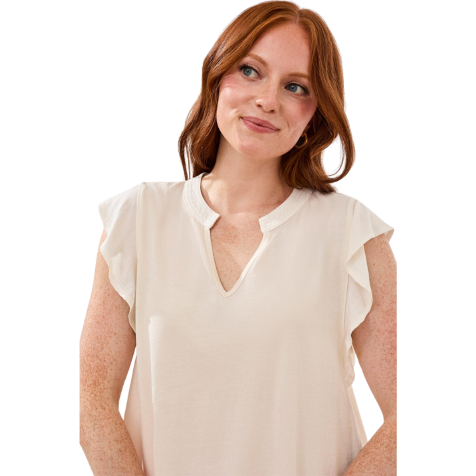 Tribal Tribal - Mixed Media Ruffle Sleeve V-Neck Top