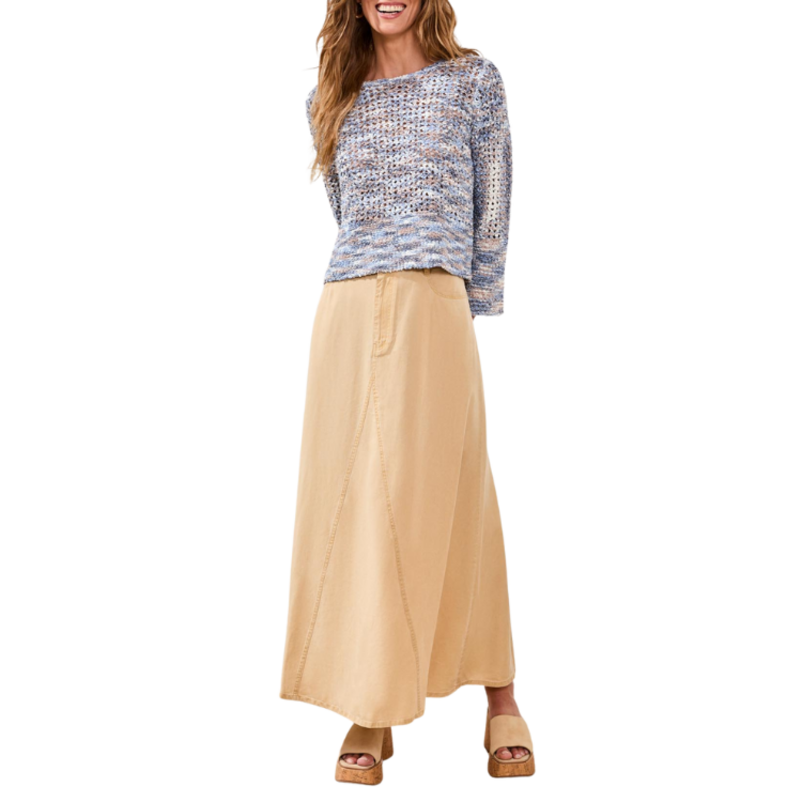 Tribal Tribal - Bell Sleeve Open Stitch Crew Neck Sweater