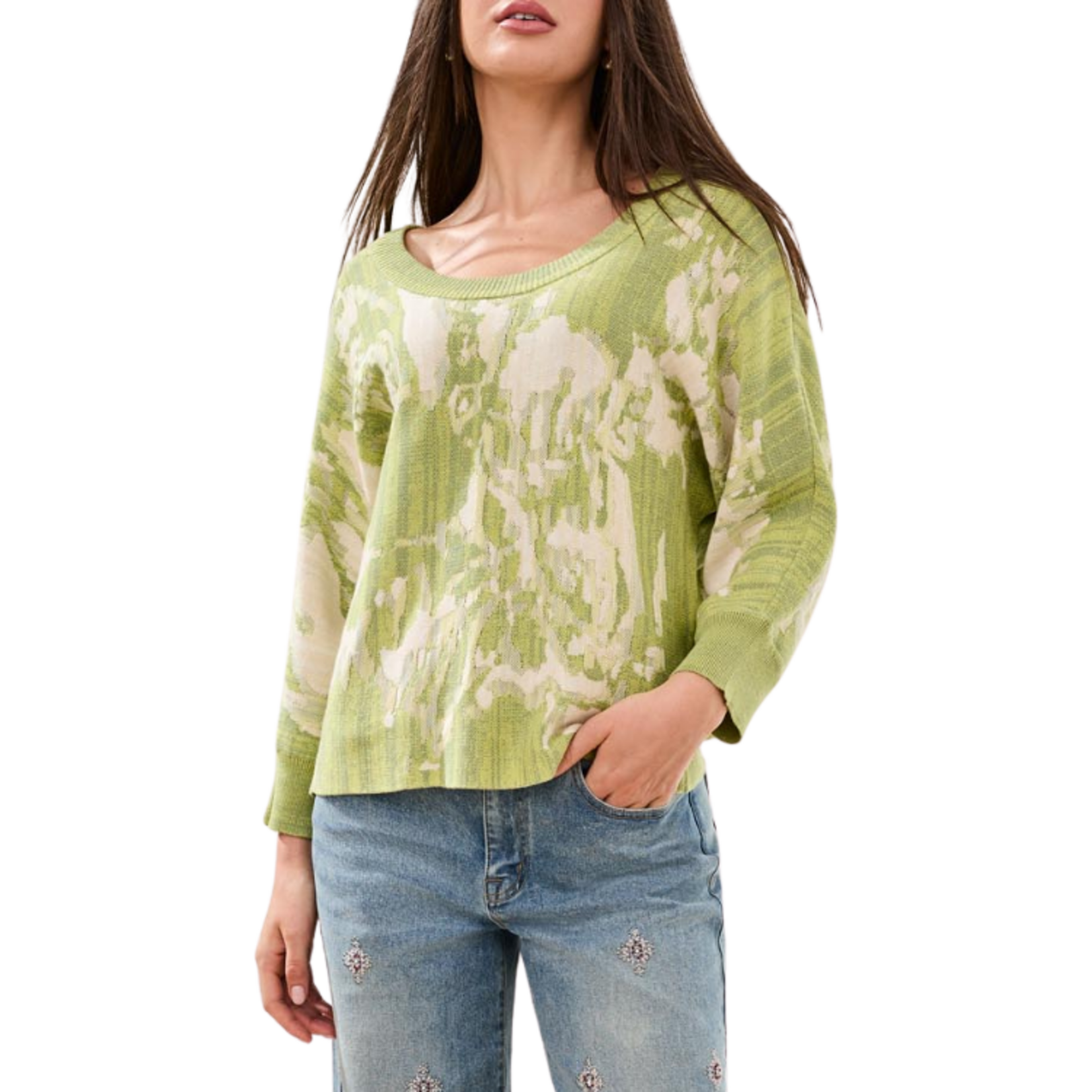 Tribal Tribal - U-Neck Jacquard 3/4 Sleeve Sweater