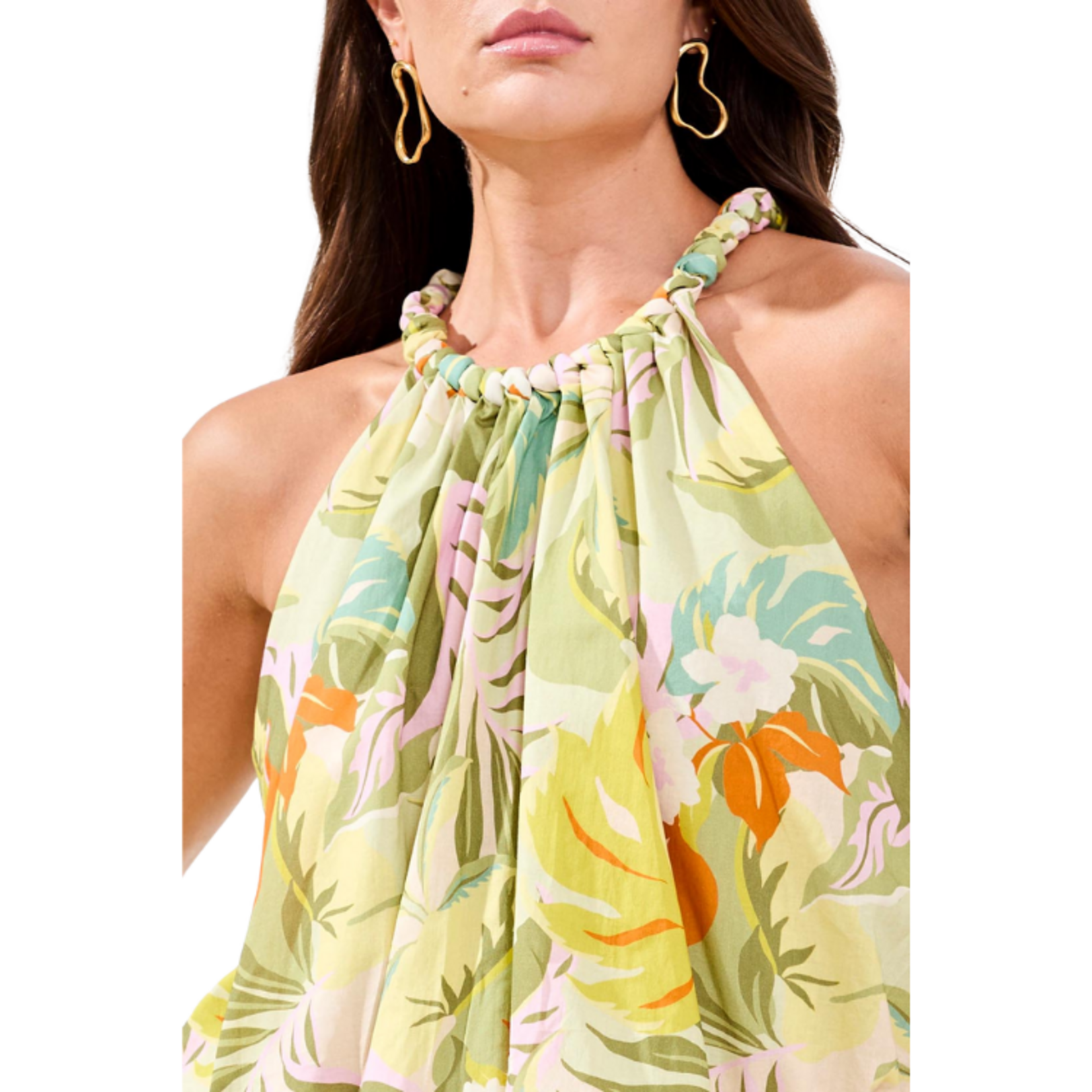 Tribal Tribal - Printed Voile Bubble Hem Blouse w/ Braided Neckline