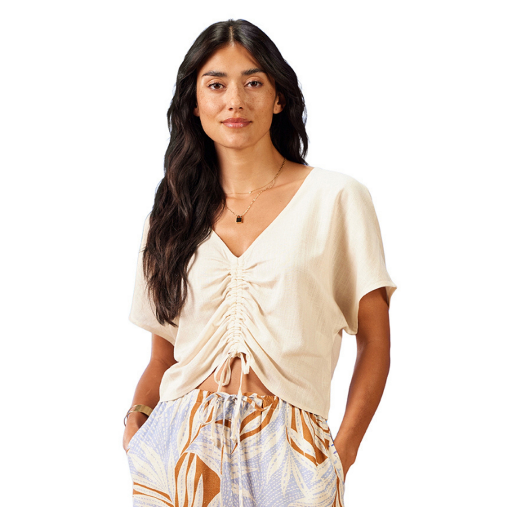 XIX Palms XIX Palms - Short Sleeve Ruched Drawstring Linen Blouse