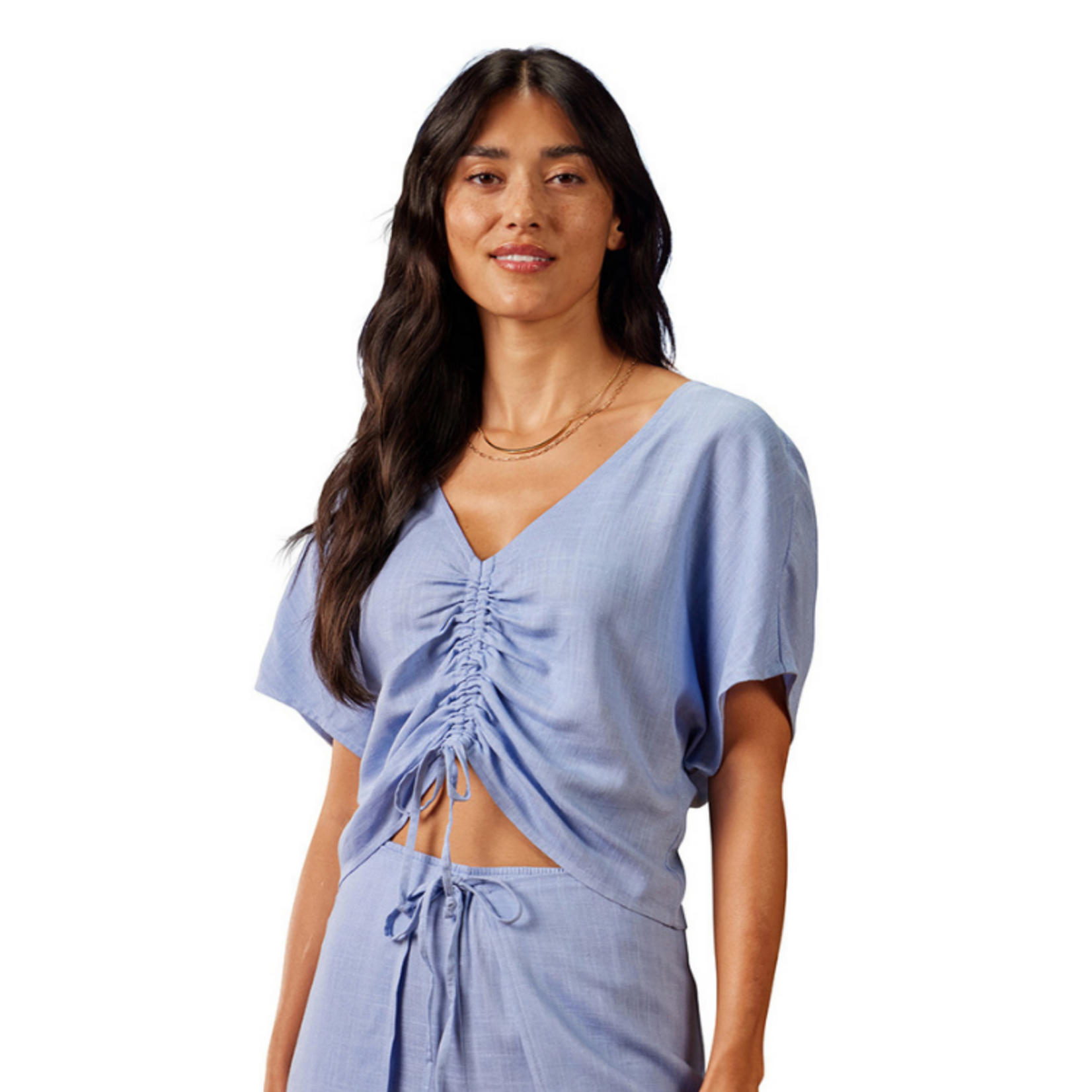 XIX Palms XIX Palms - Short Sleeve Ruched Drawstring Linen Blouse