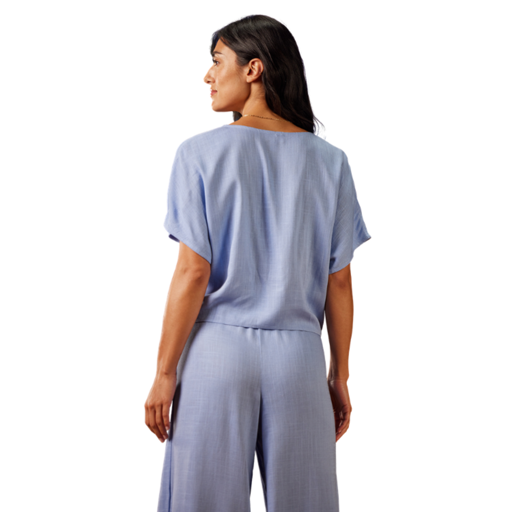 XIX Palms XIX Palms - Short Sleeve Ruched Drawstring Linen Blouse