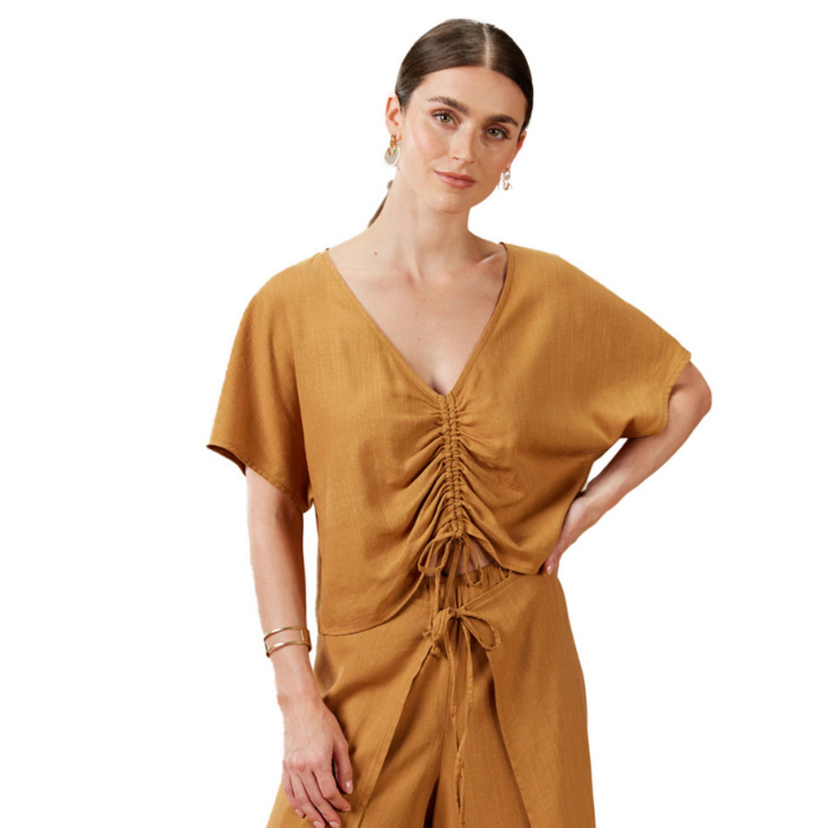 XIX Palms XIX Palms - Short Sleeve Ruched Drawstring Linen Blouse