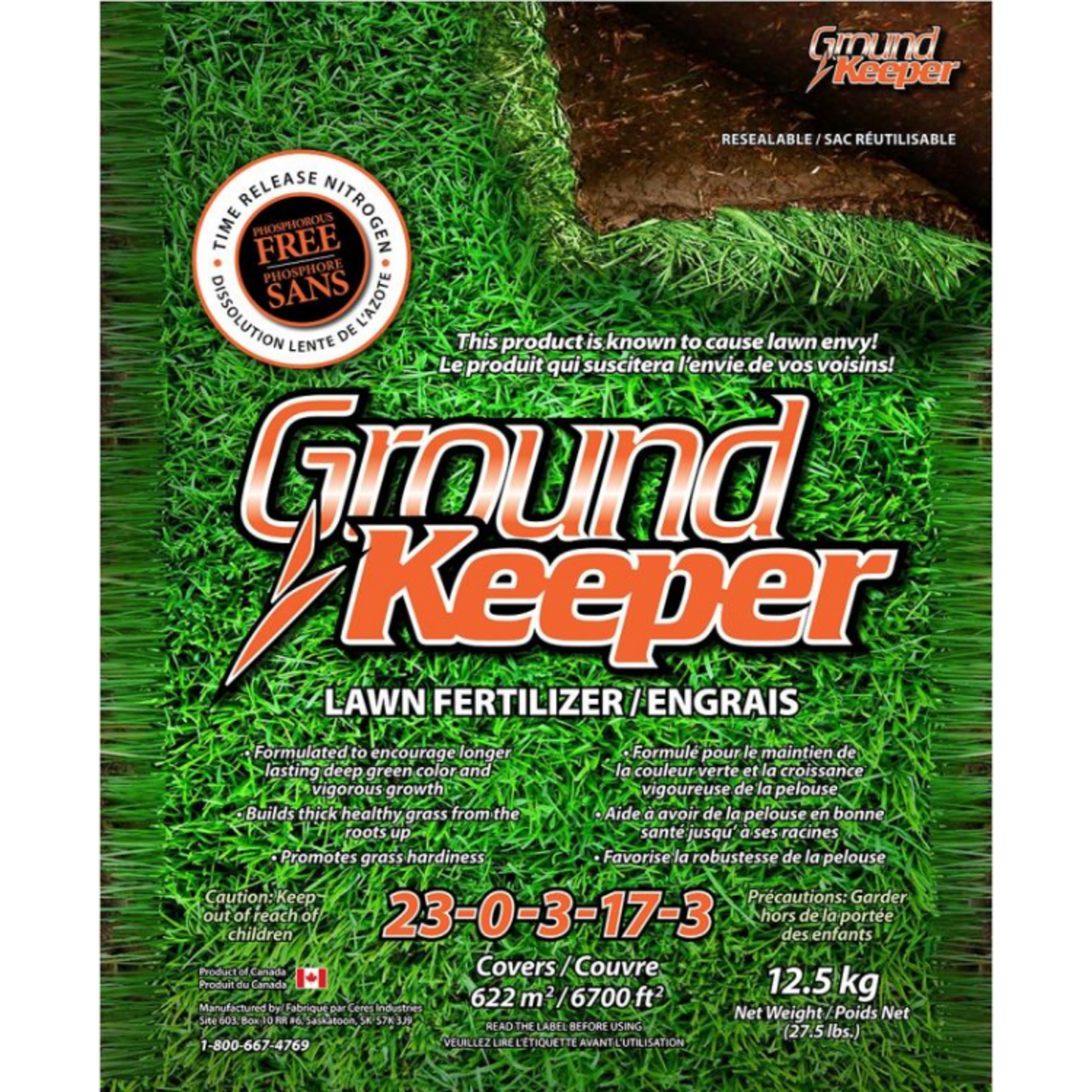 Ground Keeper - PhosFree Lawn Fertilizer - 23-0-3-17-3 - 12.5kg