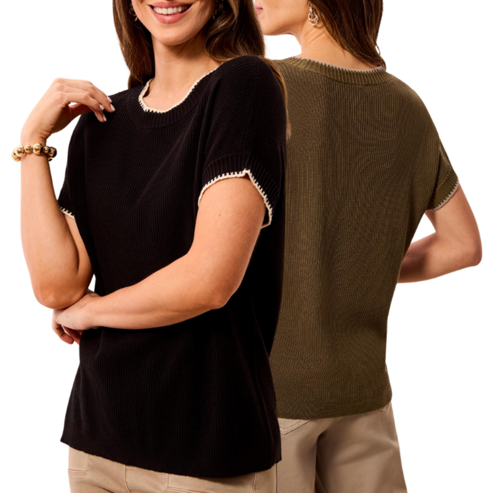 Tribal Tribal - Cap Sleeve Crew Neck Sweater w/ Tiping
