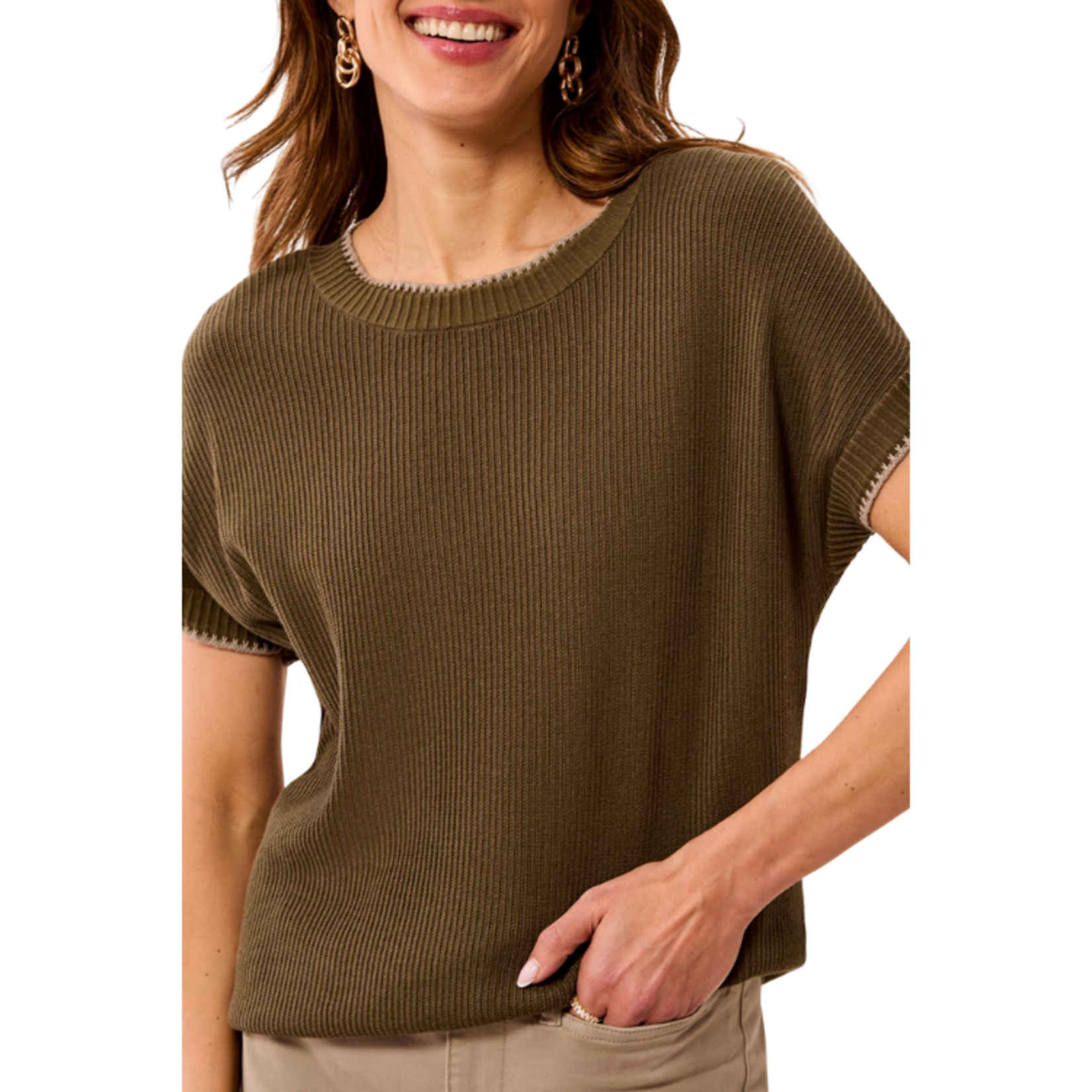 Tribal Tribal - Cap Sleeve Crew Neck Sweater w/ Tiping