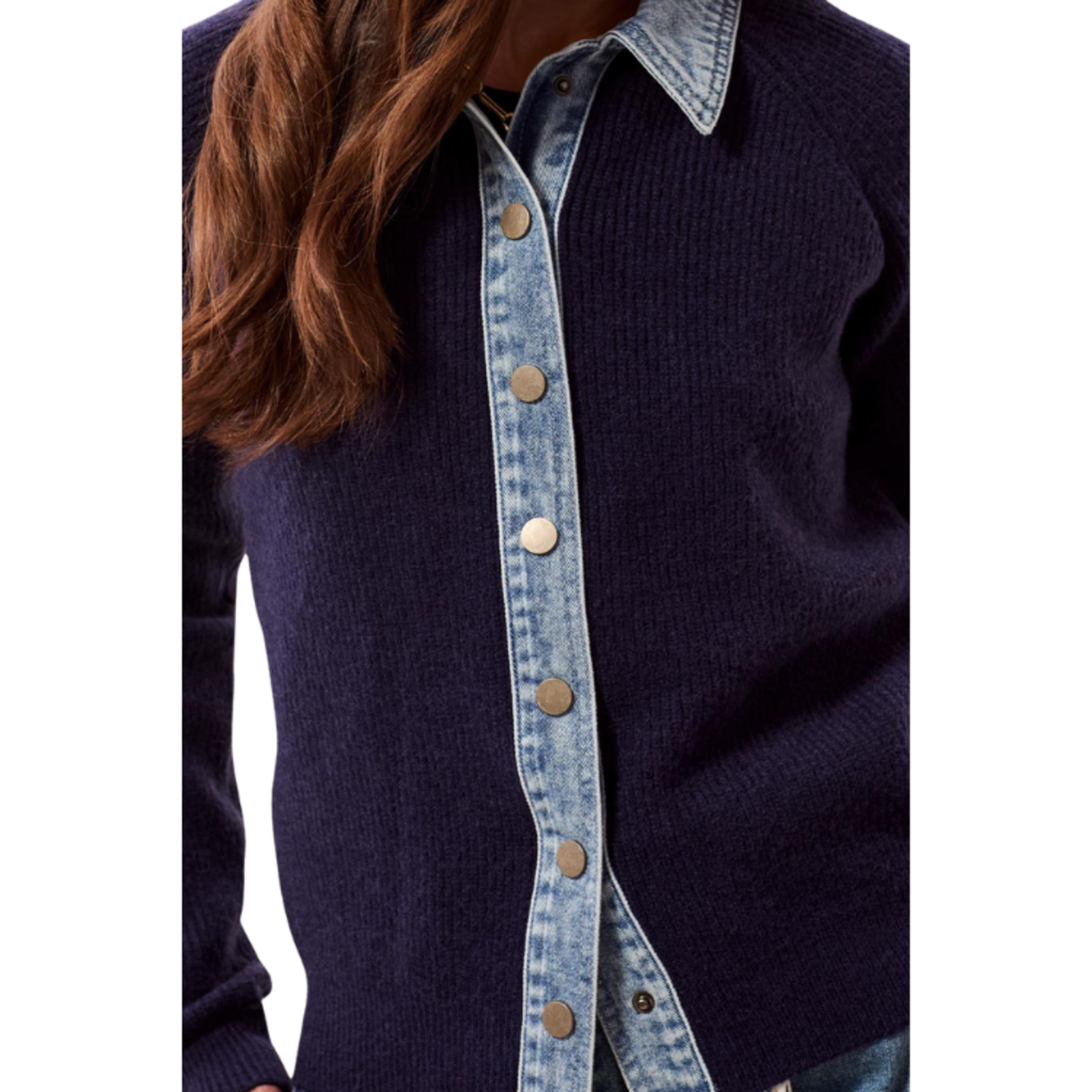 Tribal Tribal - Mixed Media Sweater Jacket w/ Denim Detail