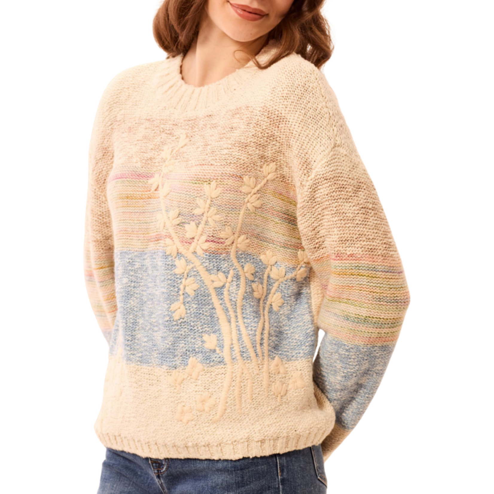 Tribal Tribal - Long Sleeve Crew Neck Sweater w/ Embroidery