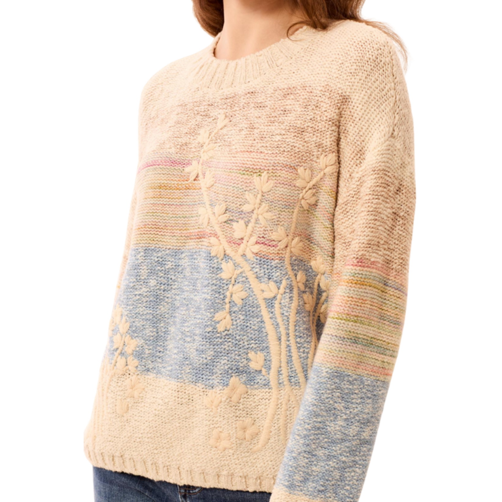 Tribal Tribal - Long Sleeve Crew Neck Sweater w/ Embroidery