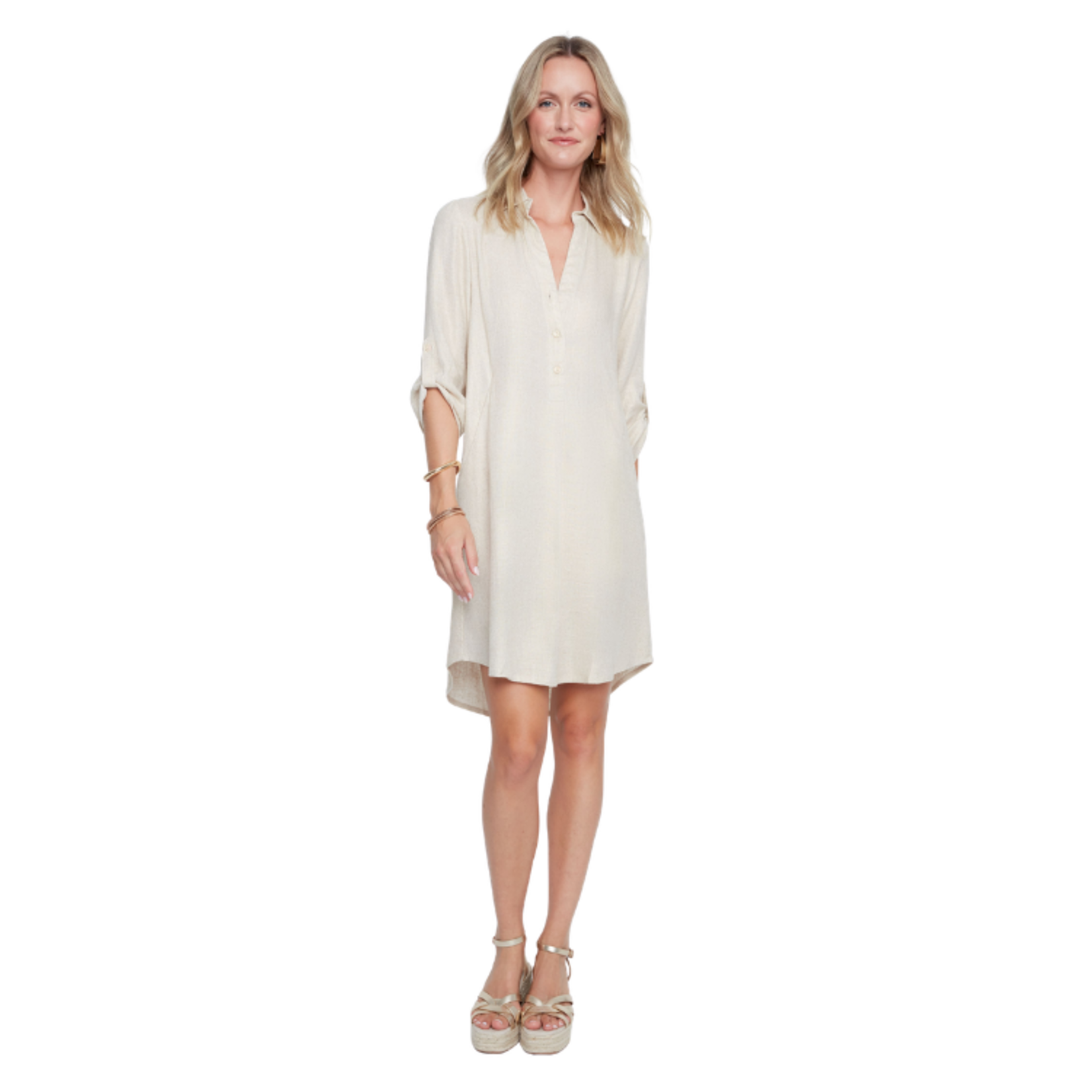 Renuar Renuar - Natural Linen Roll Sleeve Shirt Dress