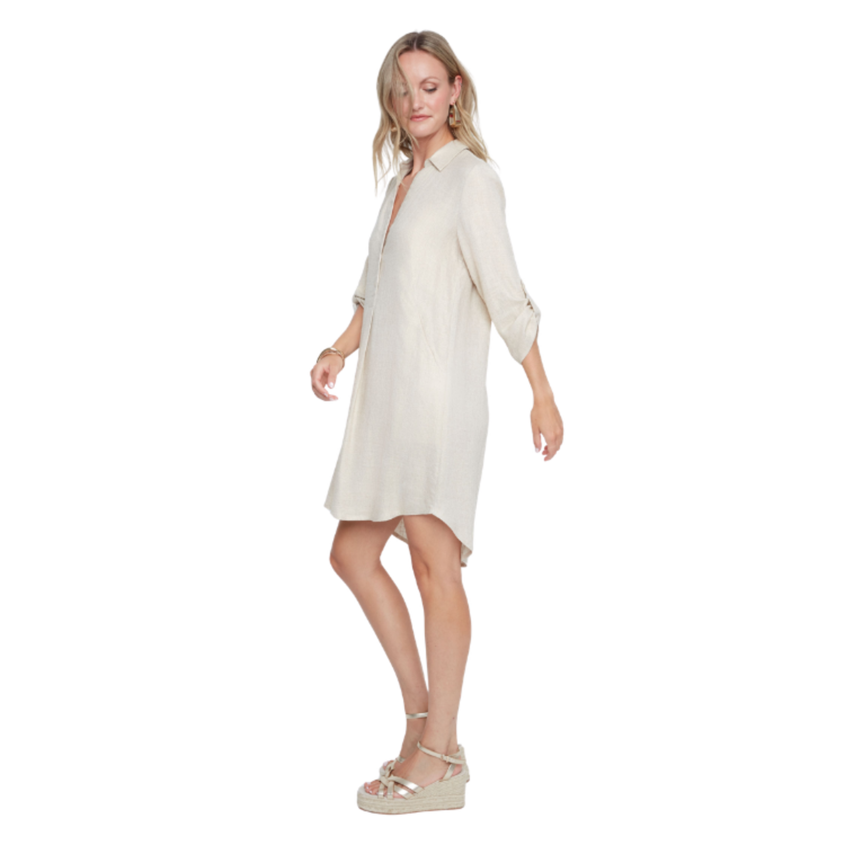 Renuar Renuar - Natural Linen Roll Sleeve Shirt Dress