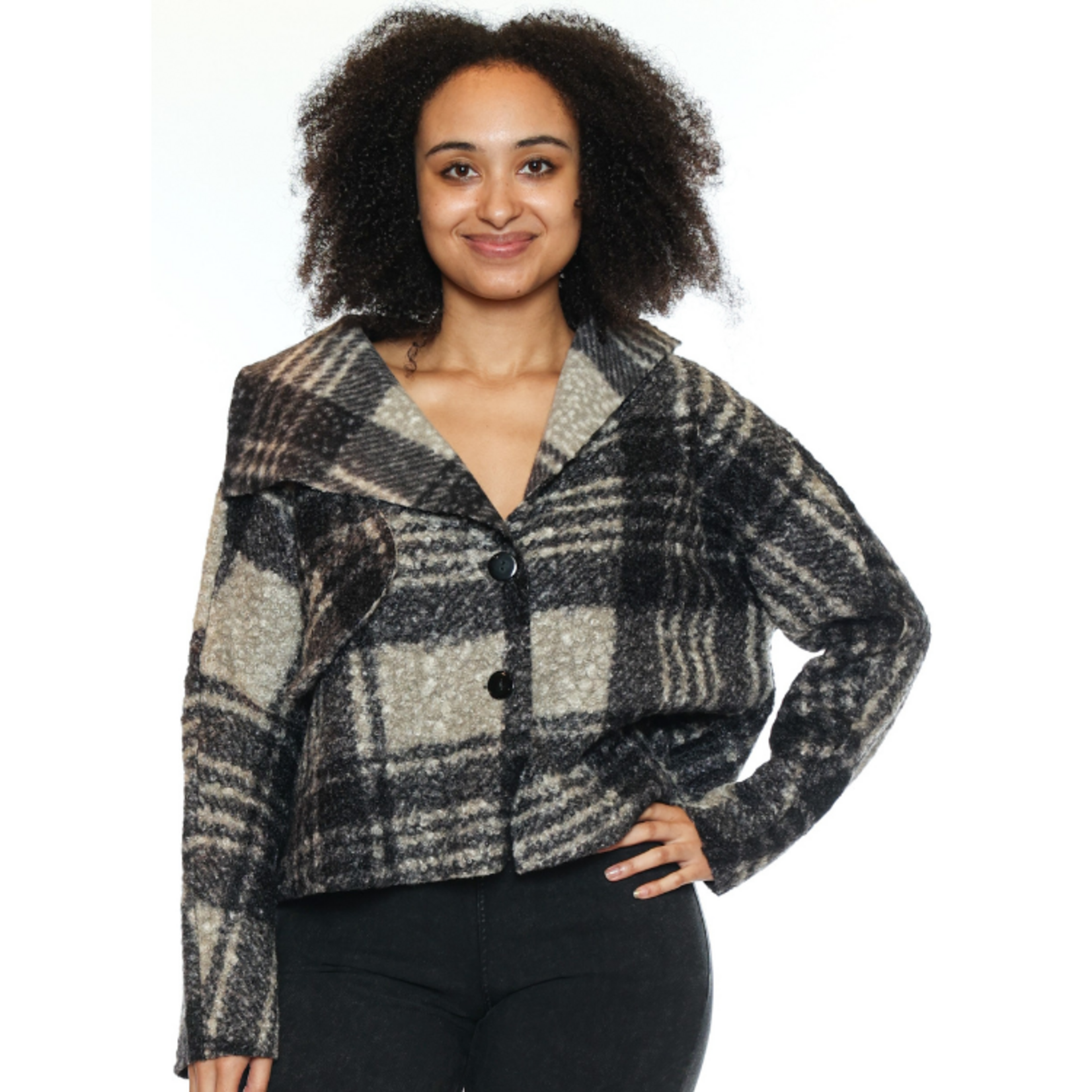 Papa Fashions Papa Fashions - Plaid Bouclé Button Jacket