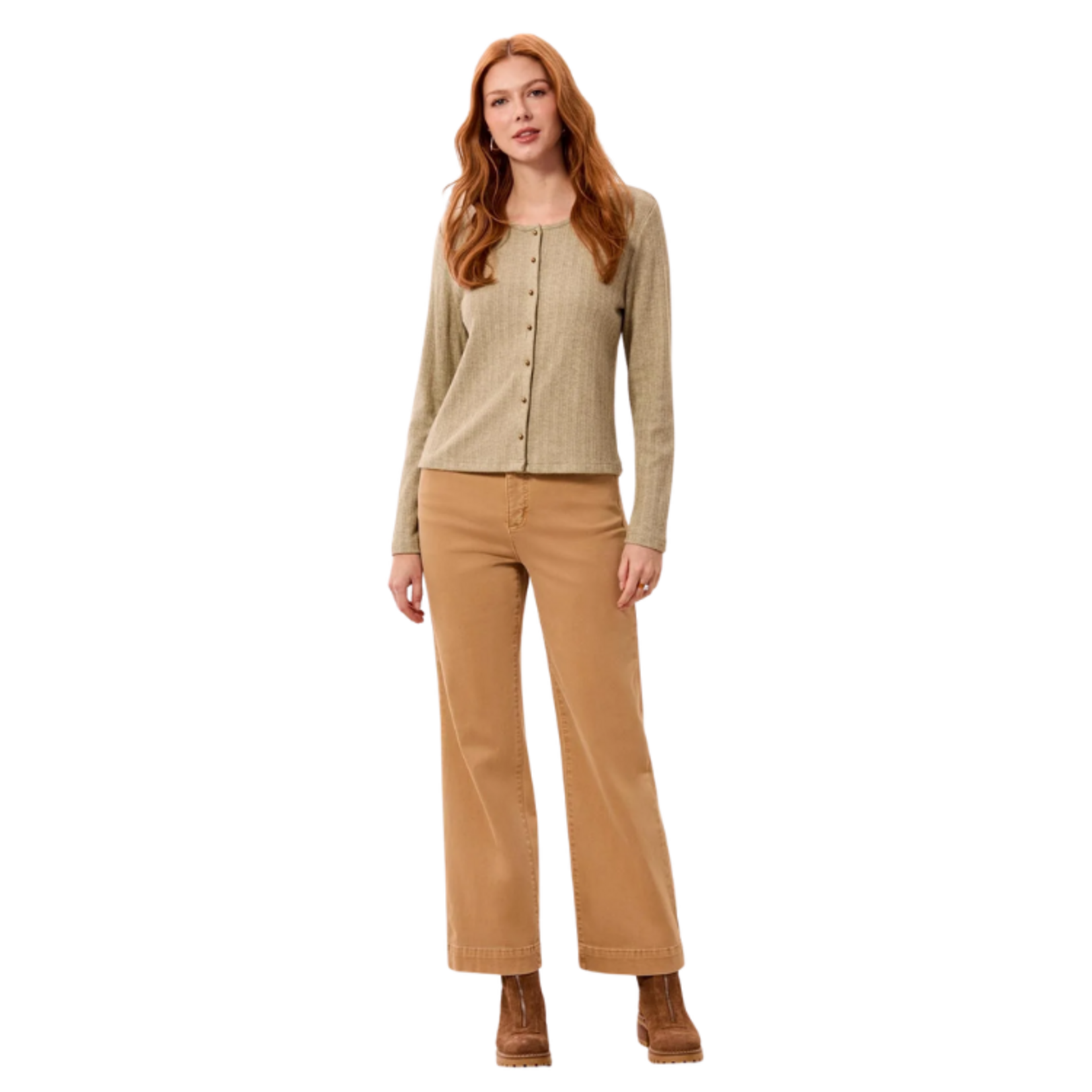 Tribal Tribal - Soft Textured Crew Neck Button-Front Long Sleeve Knit Top