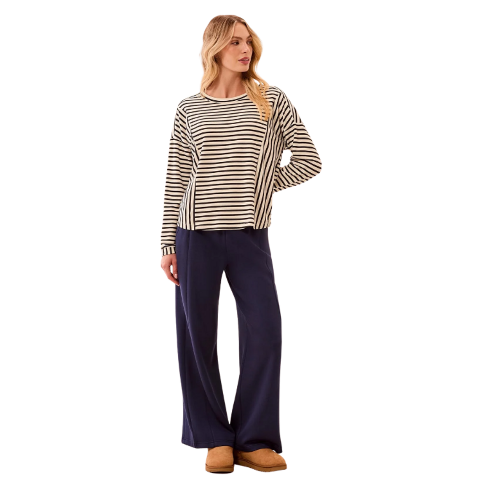 Tribal Tribal - Lightweight Striped Crewneck Long Sleeve Knit Top