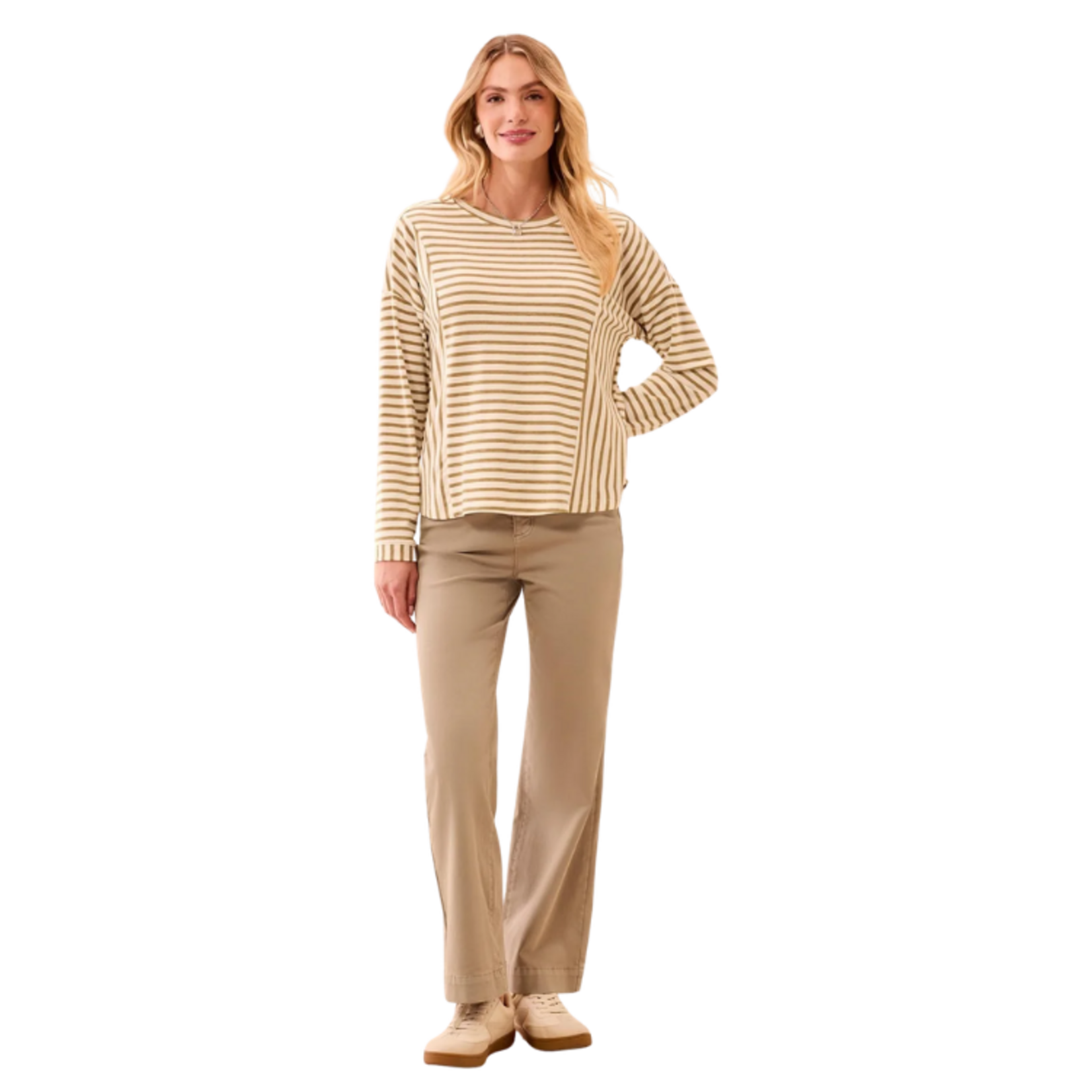 Tribal Tribal - Lightweight Striped Crewneck Long Sleeve Knit Top