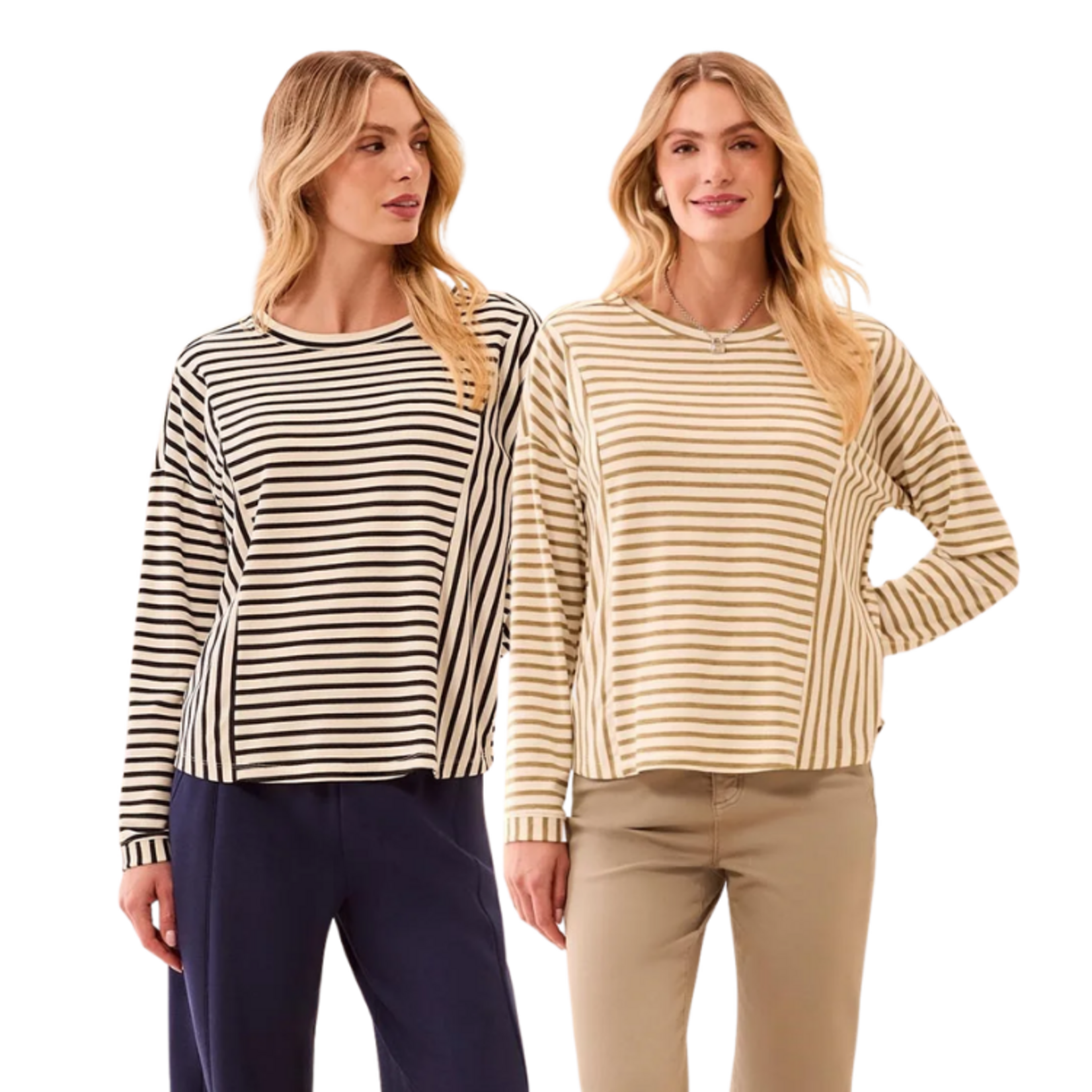 Tribal Tribal - Lightweight Striped Crewneck Long Sleeve Knit Top