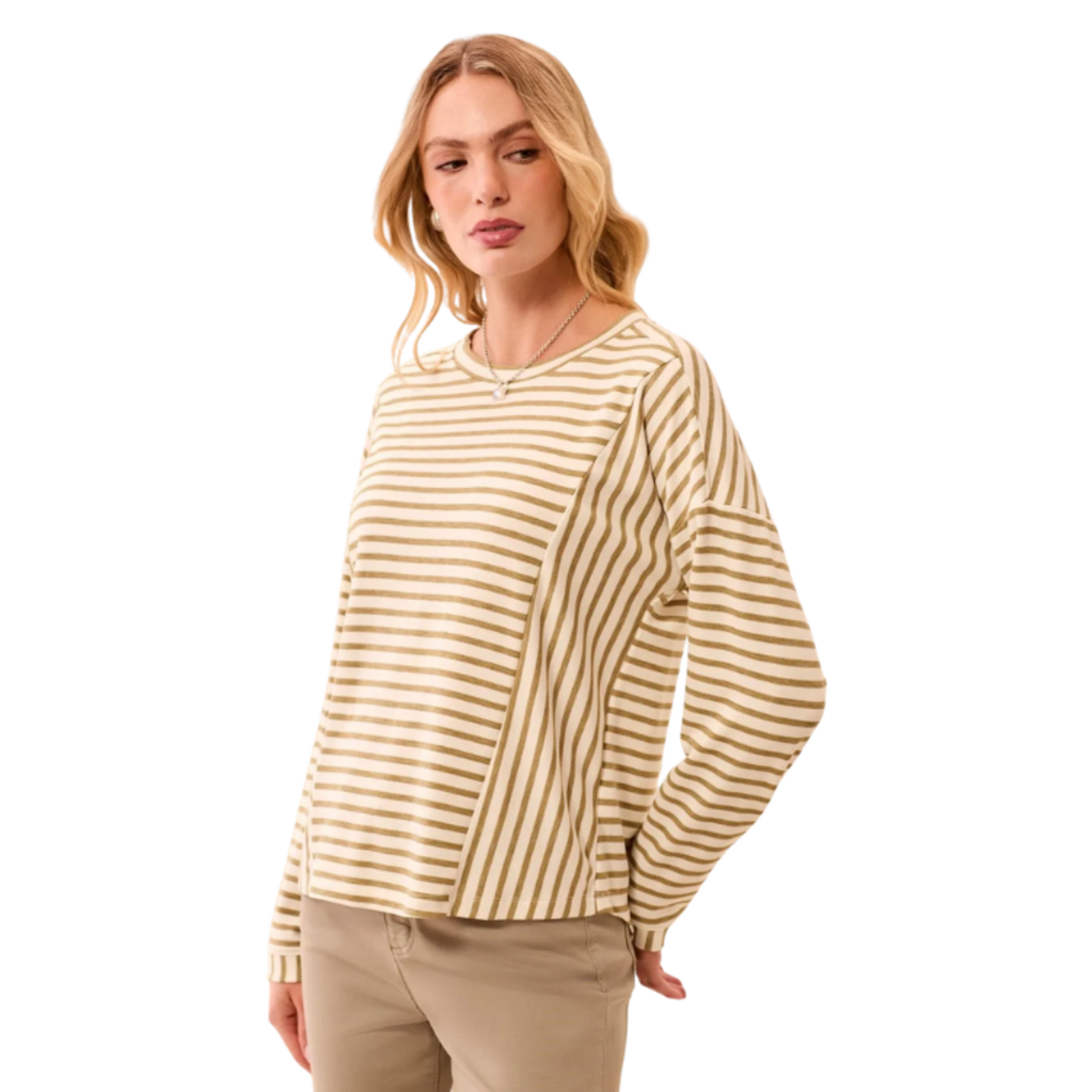 Tribal Tribal - Lightweight Striped Crewneck Long Sleeve Knit Top