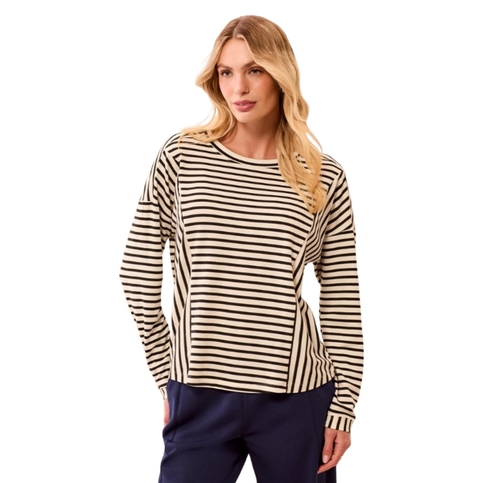 Tribal Tribal - Lightweight Striped Crewneck Long Sleeve Knit Top