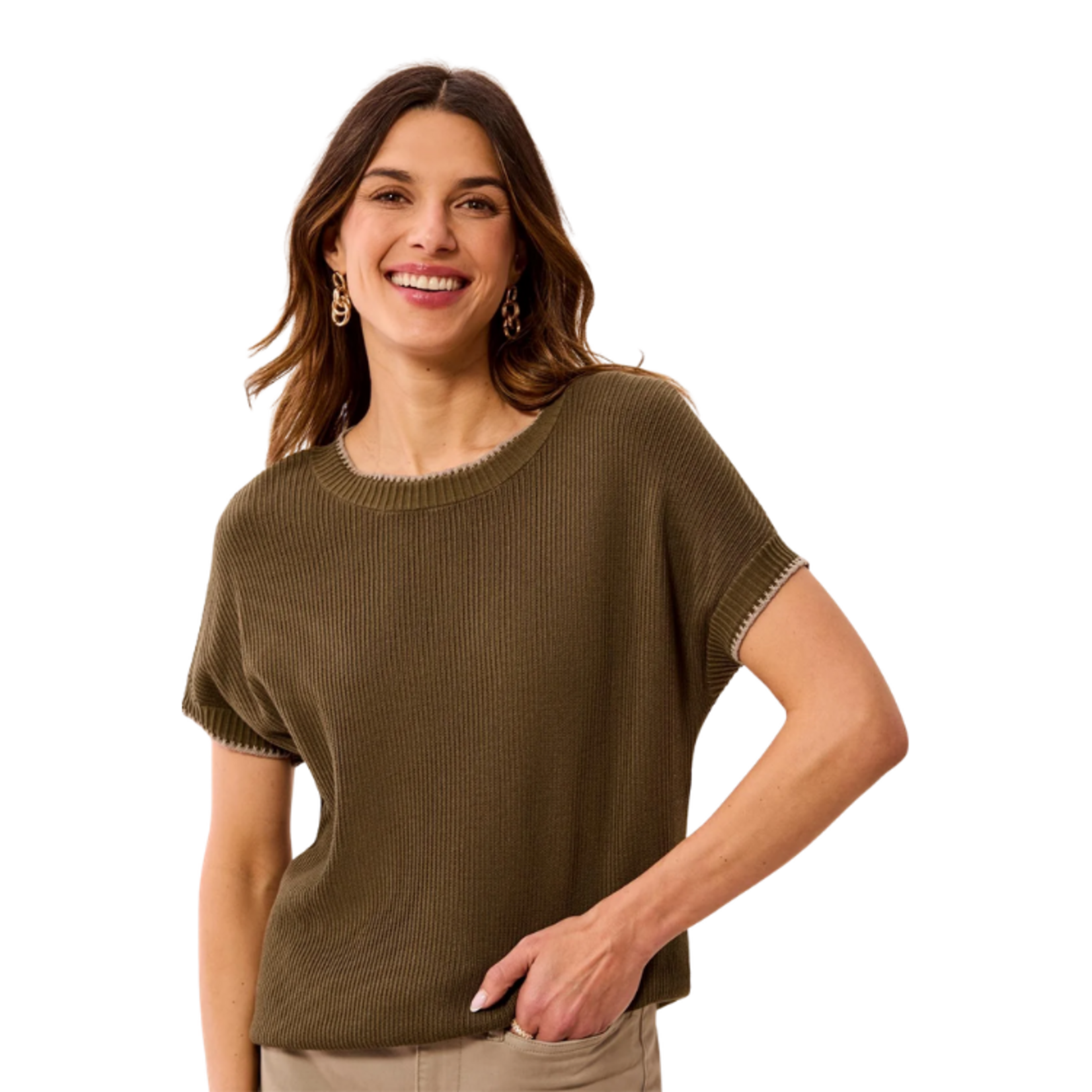 Tribal Tribal - Soft Cotton Blend Cap Sleeve Top w/ Top Stitch