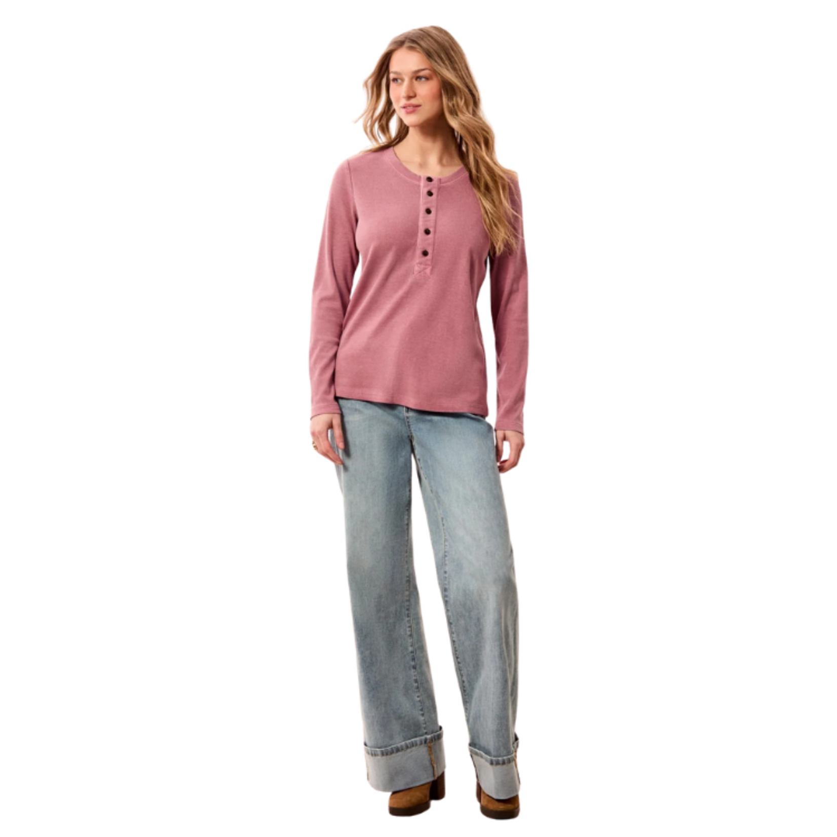 Tribal Tribal - Special Wash Long Sleeve Buttoned Henley Top