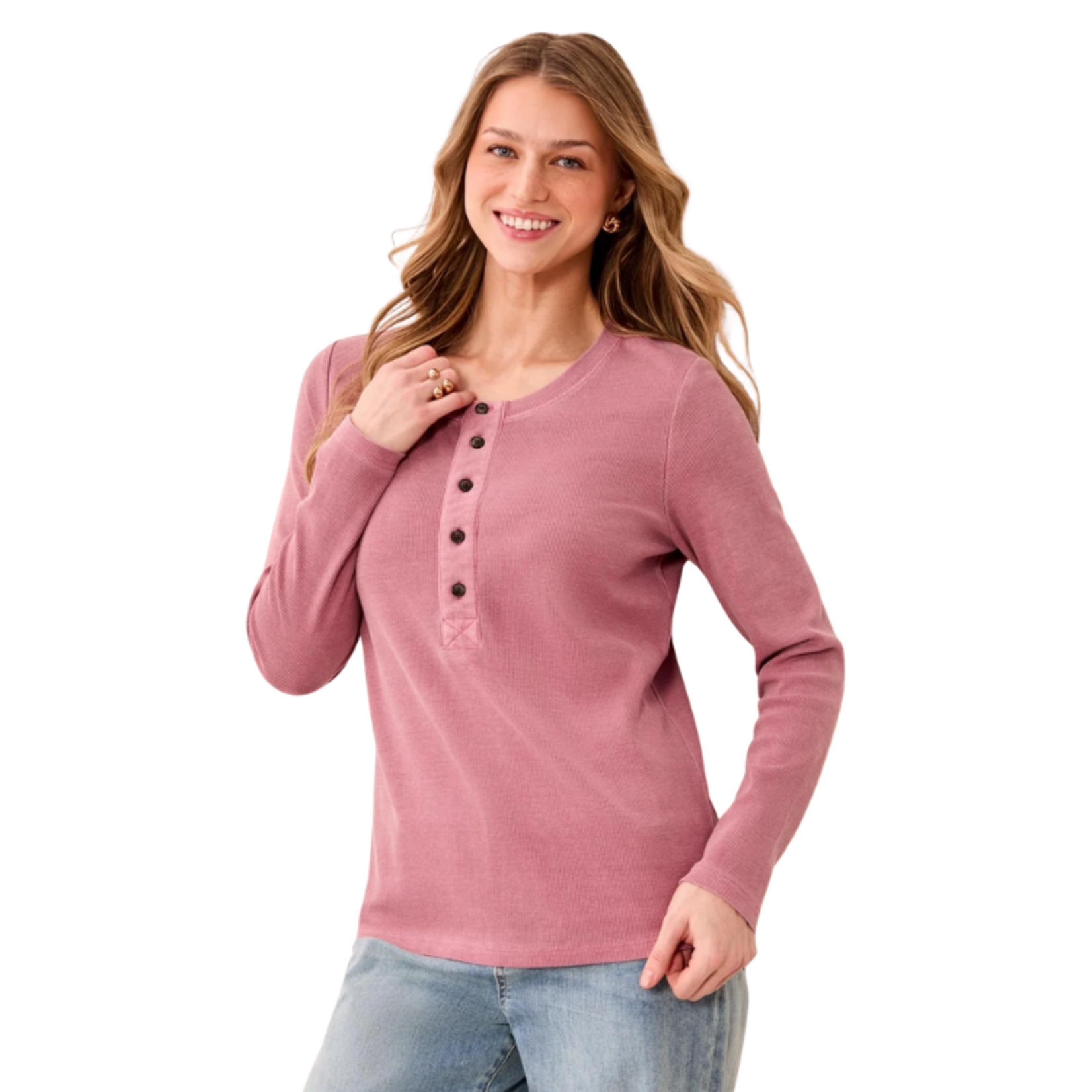 Tribal Tribal - Special Wash Long Sleeve Buttoned Henley Top