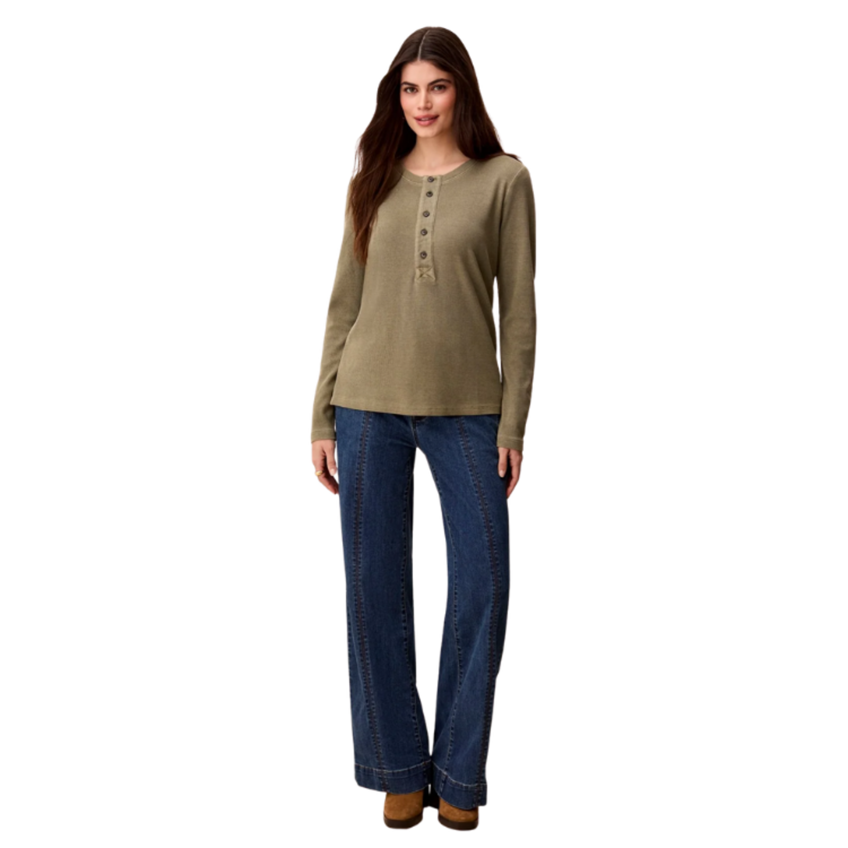 Tribal Tribal - Special Wash Long Sleeve Buttoned Henley Top