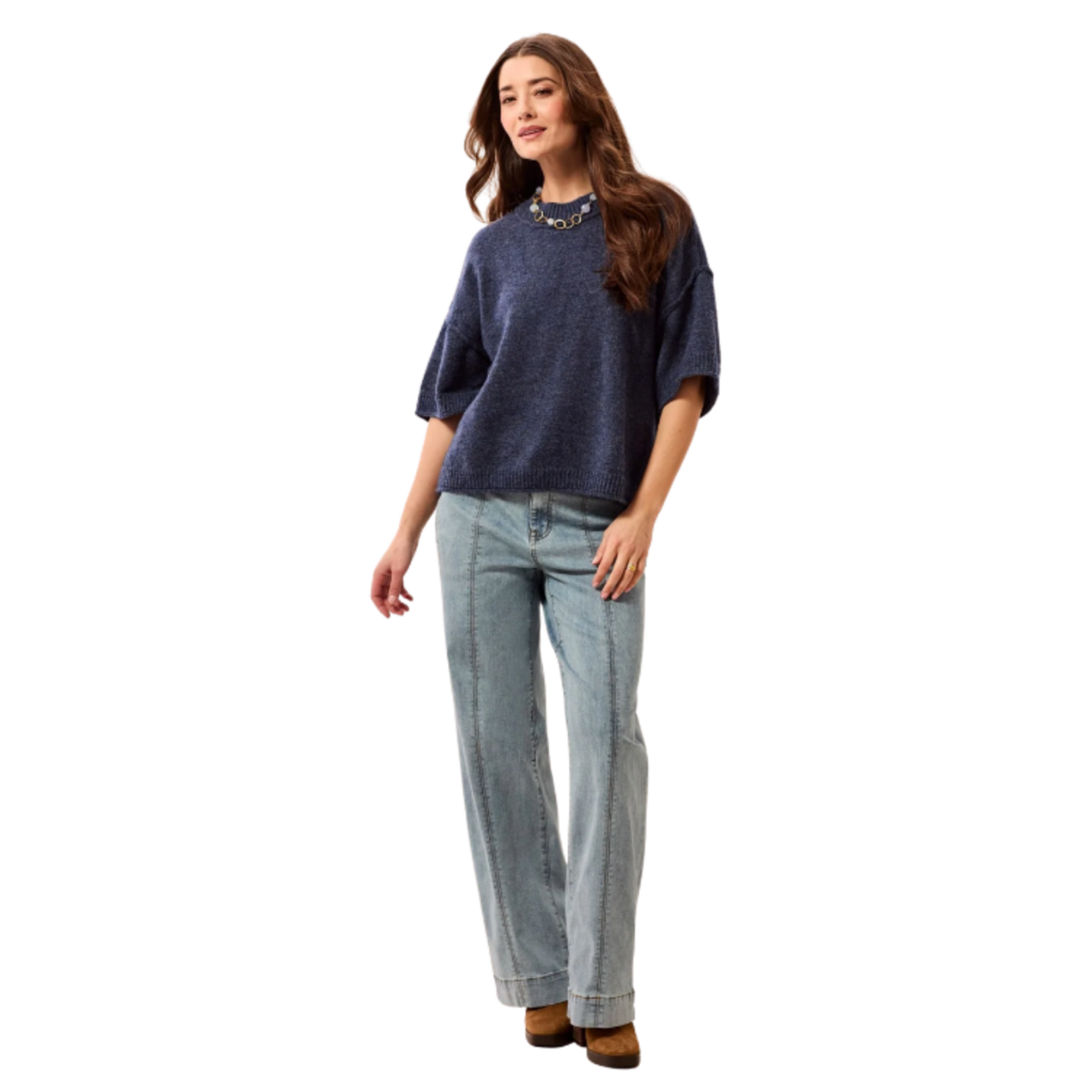 Tribal Tribal - Lightweight Drop Shoulder Crew Neck Elbow Sleeve Sweater