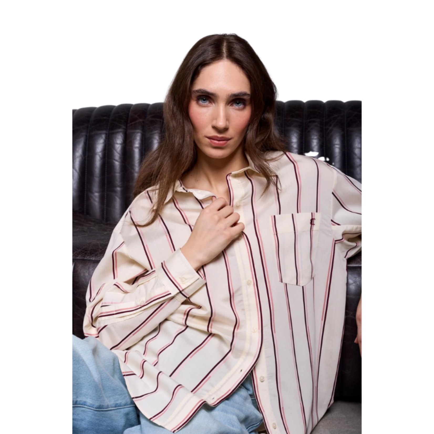 Tribal Tribal - Blue Thread Lightweight Oversized Striped Drop Shoulder Collared Blouse