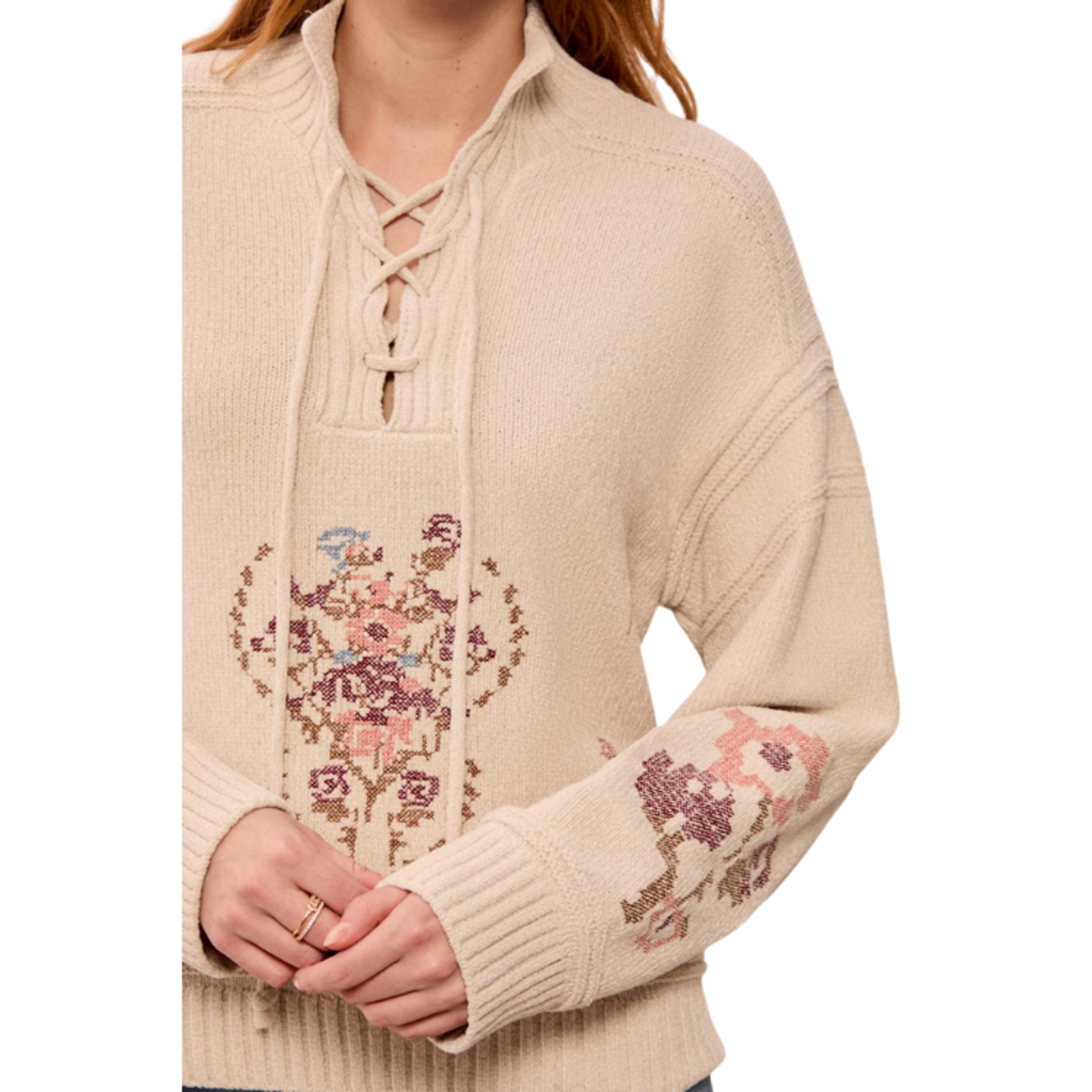 Tribal Tribal - Soft Lace-Up Knit Sweater w/ Floral Embroidery