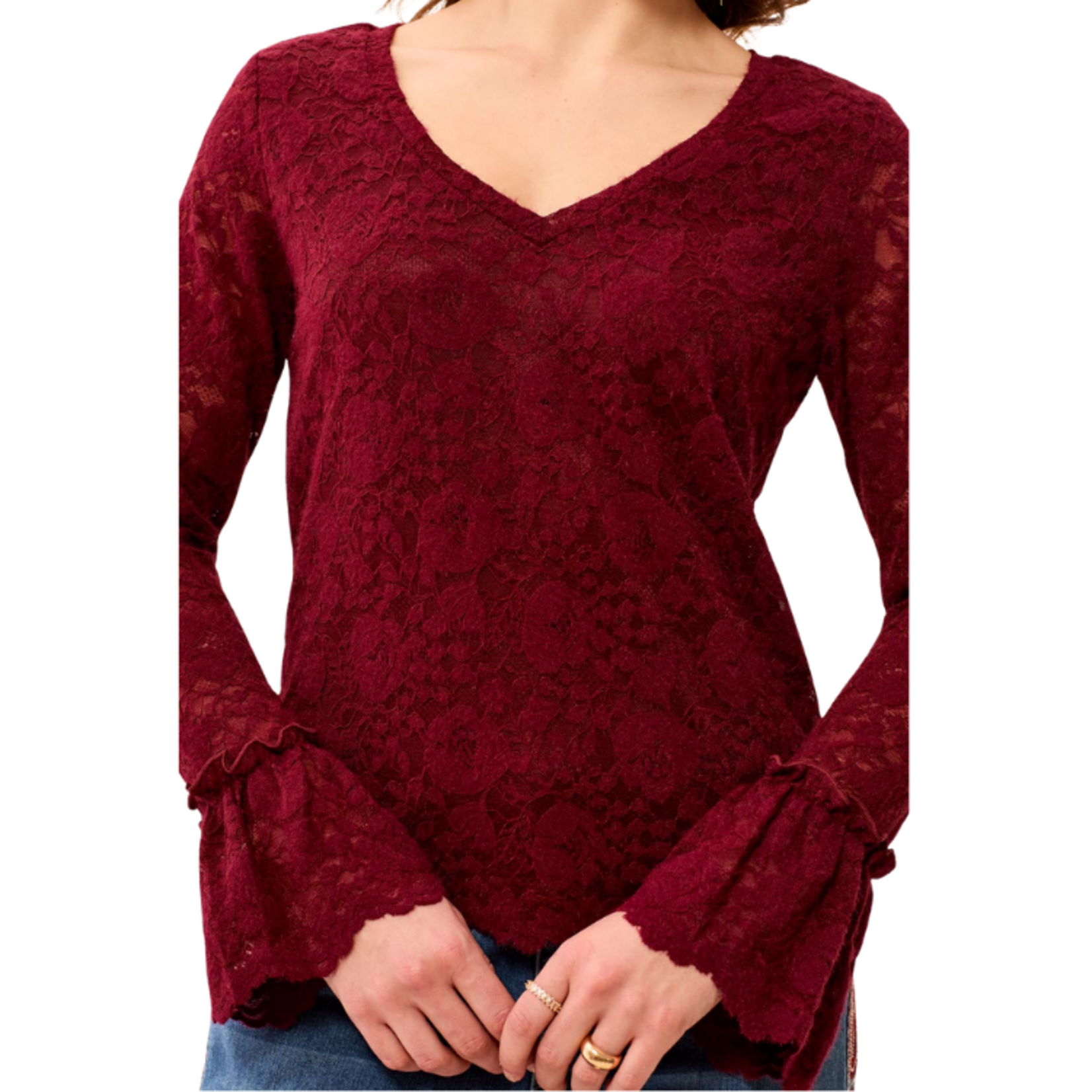 Tribal Tribal - Lined Wear-2-Ways Fancy Lace Top w/ Scalloped Hem