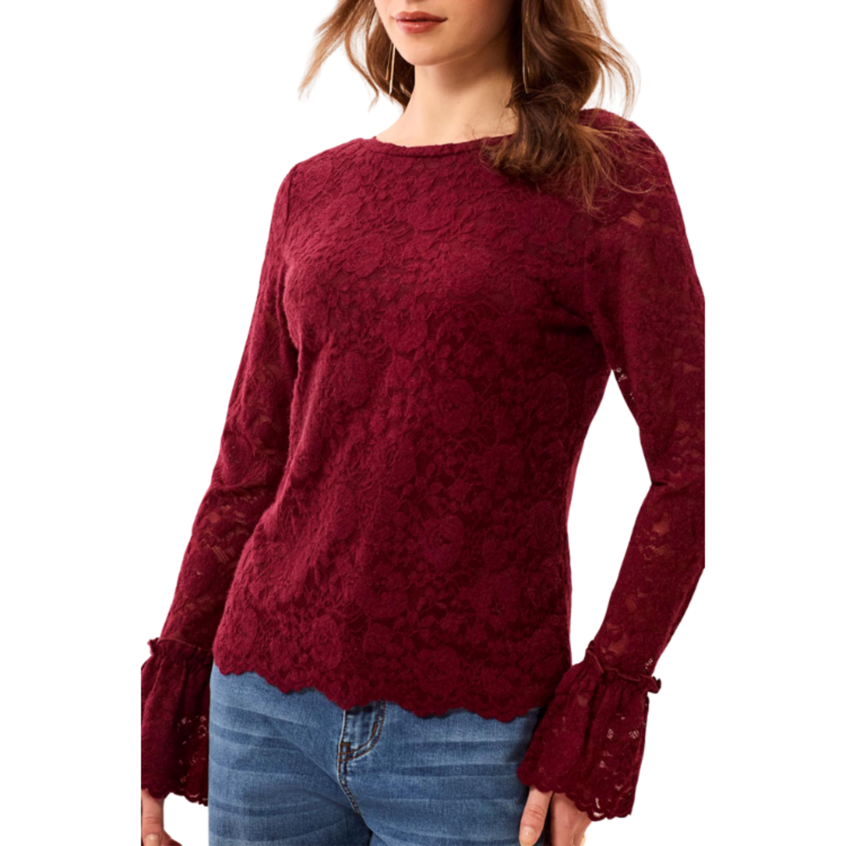 Tribal Tribal - Lined Wear-2-Ways Fancy Lace Top w/ Scalloped Hem