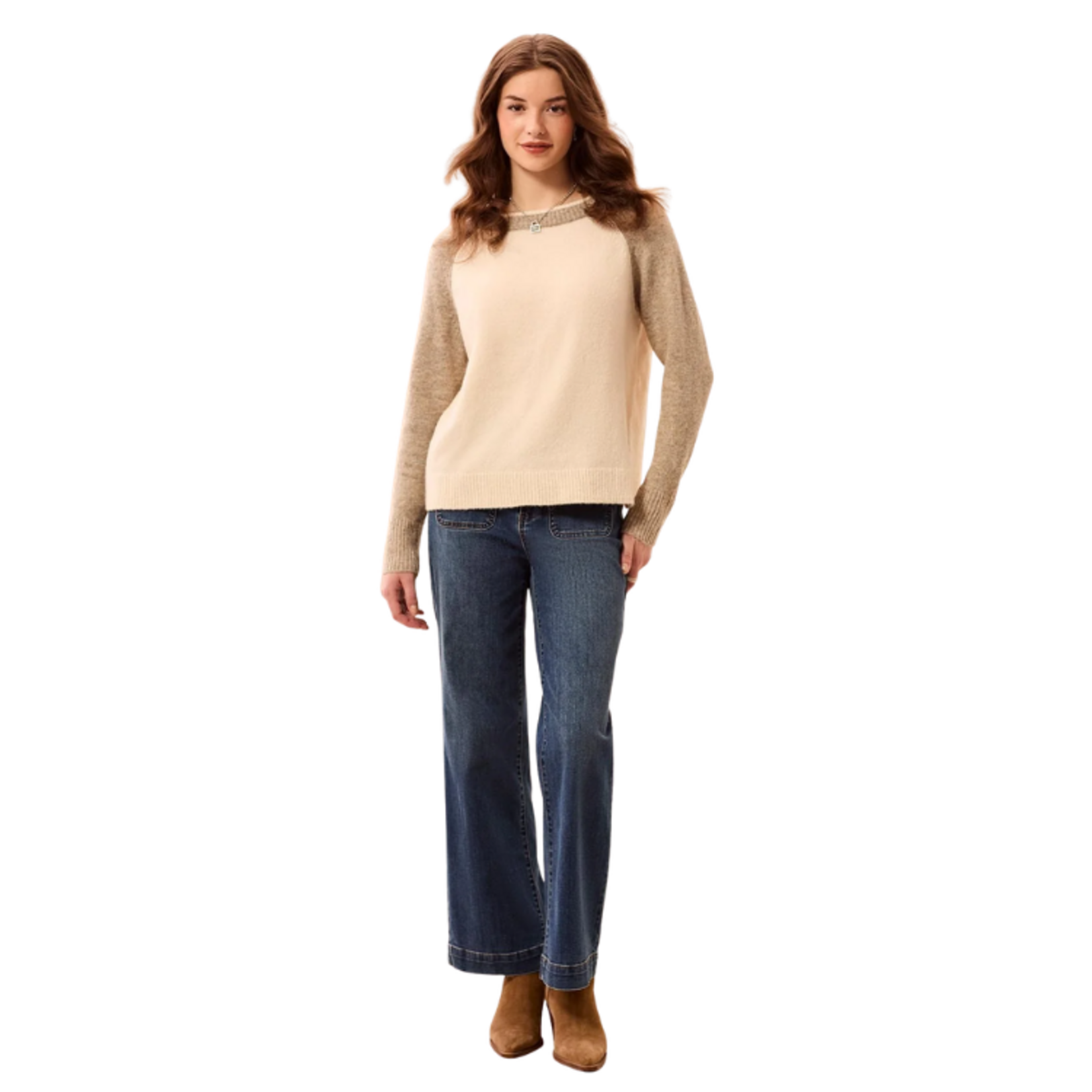 Tribal Tribal - Color Block Raglan Sleeve Crew Neck Knit Sweater