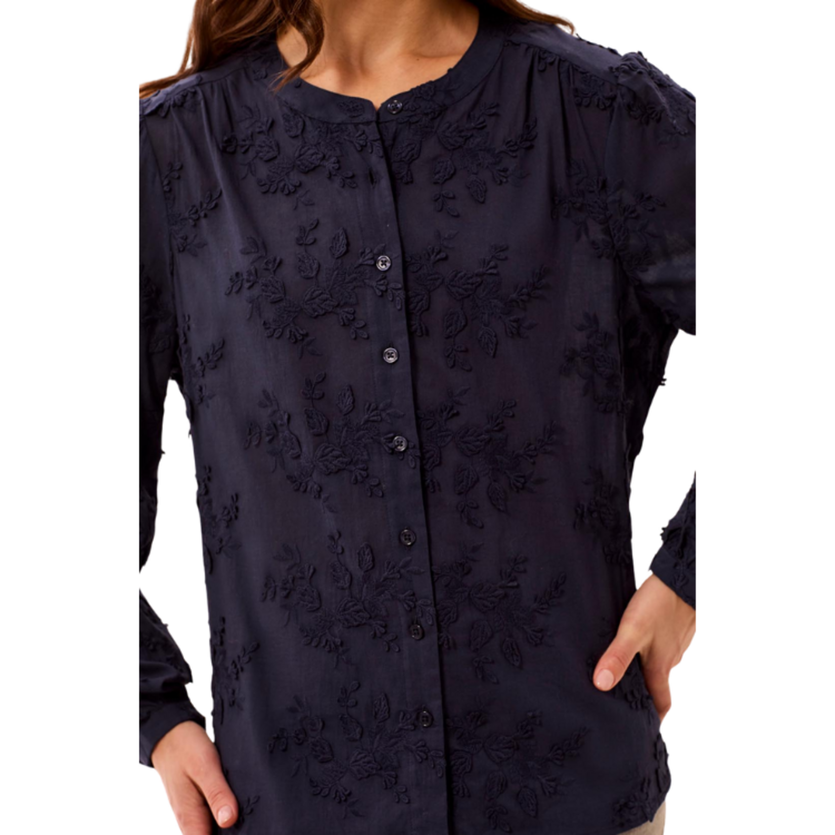 Tribal Tribal - Long-Sleeve Button Front Blouse w/ Embroidered Detail