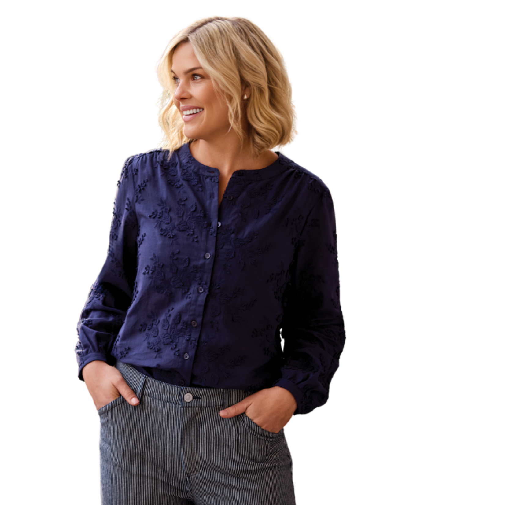Tribal Tribal - Long-Sleeve Button Front Blouse w/ Embroidered Detail