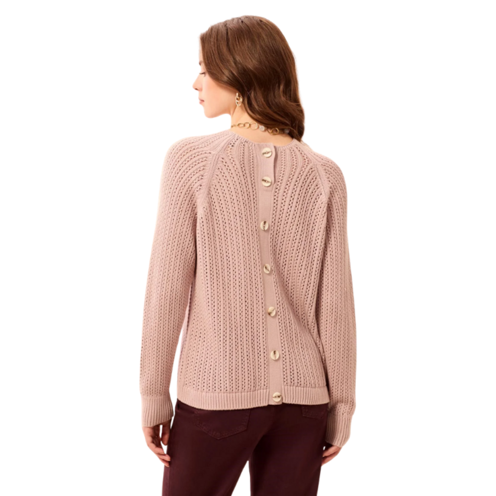 Tribal Tribal - Pointelle Button-Back Long Sleeve Sweater