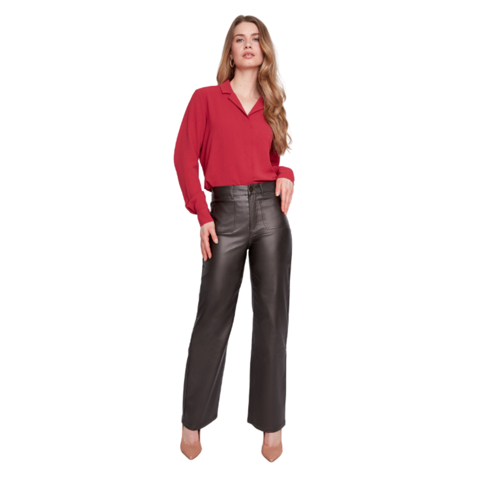 Renuar Renuar - High-Waisted Faux Leather Straight Leg Pants
