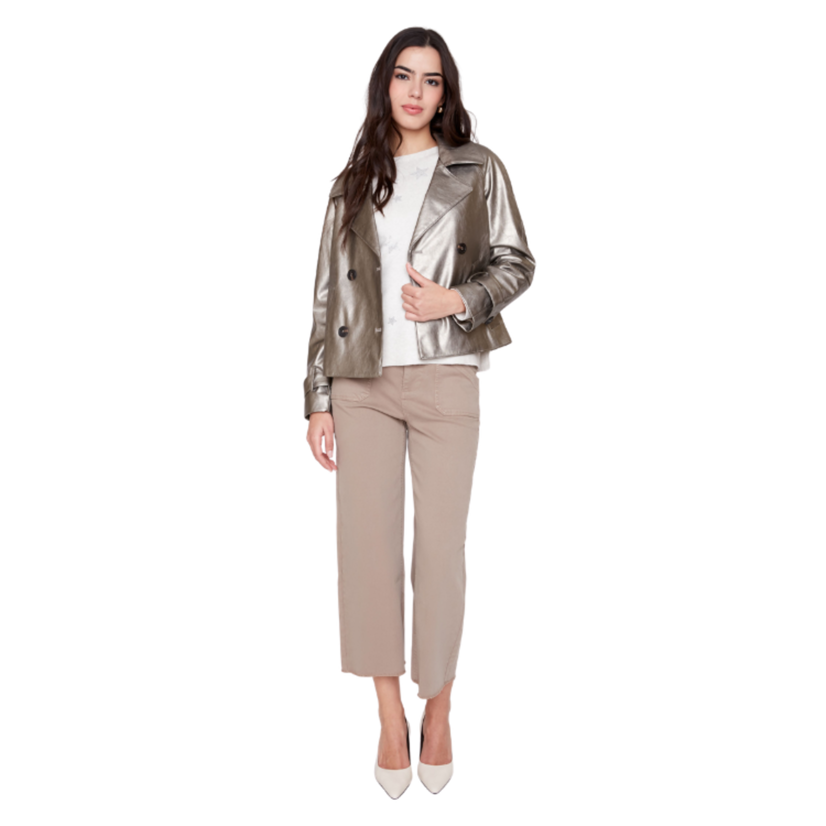 Renuar Renuar - Metallic Faux Leather Double-Breasted Jacket