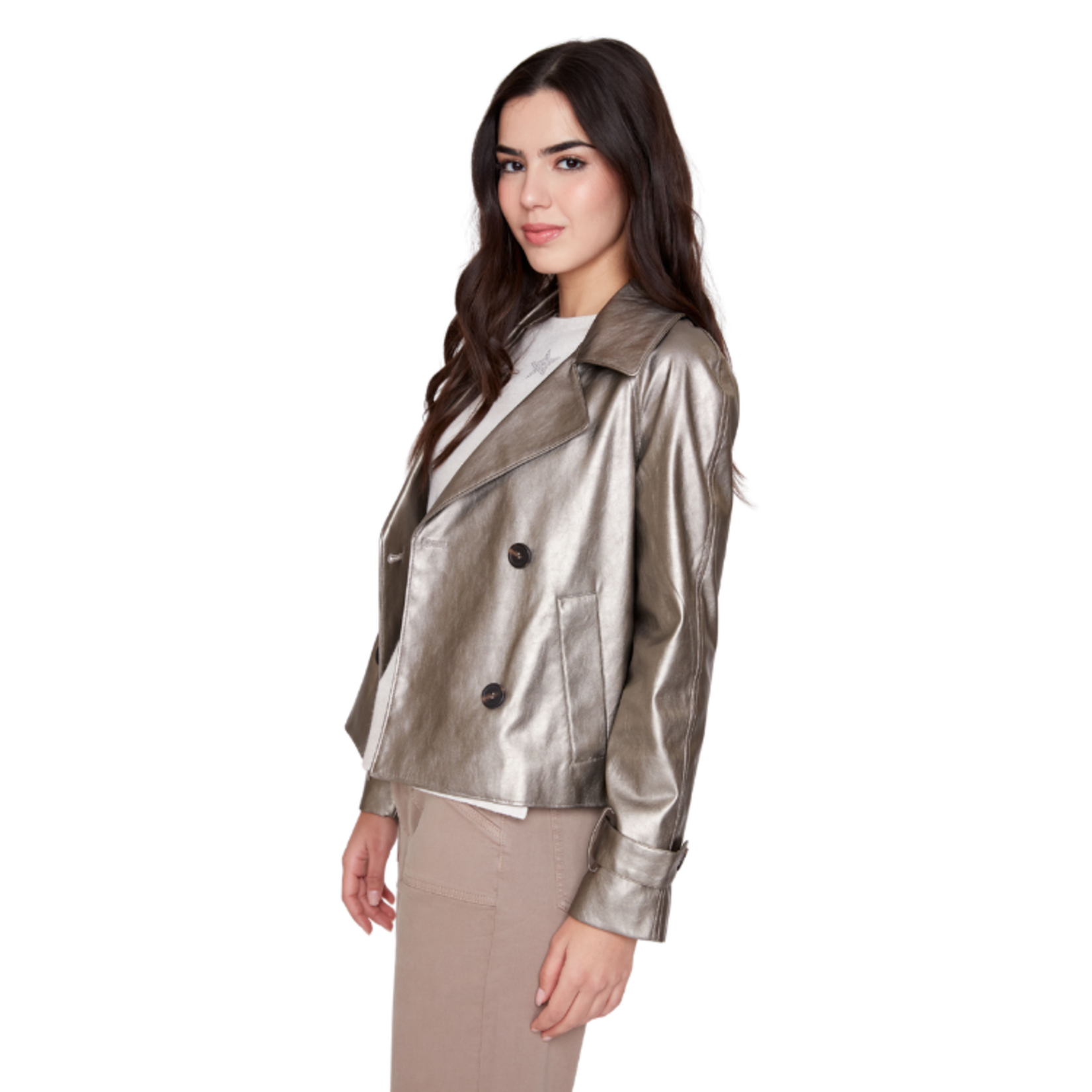 Renuar Renuar - Metallic Faux Leather Double-Breasted Jacket