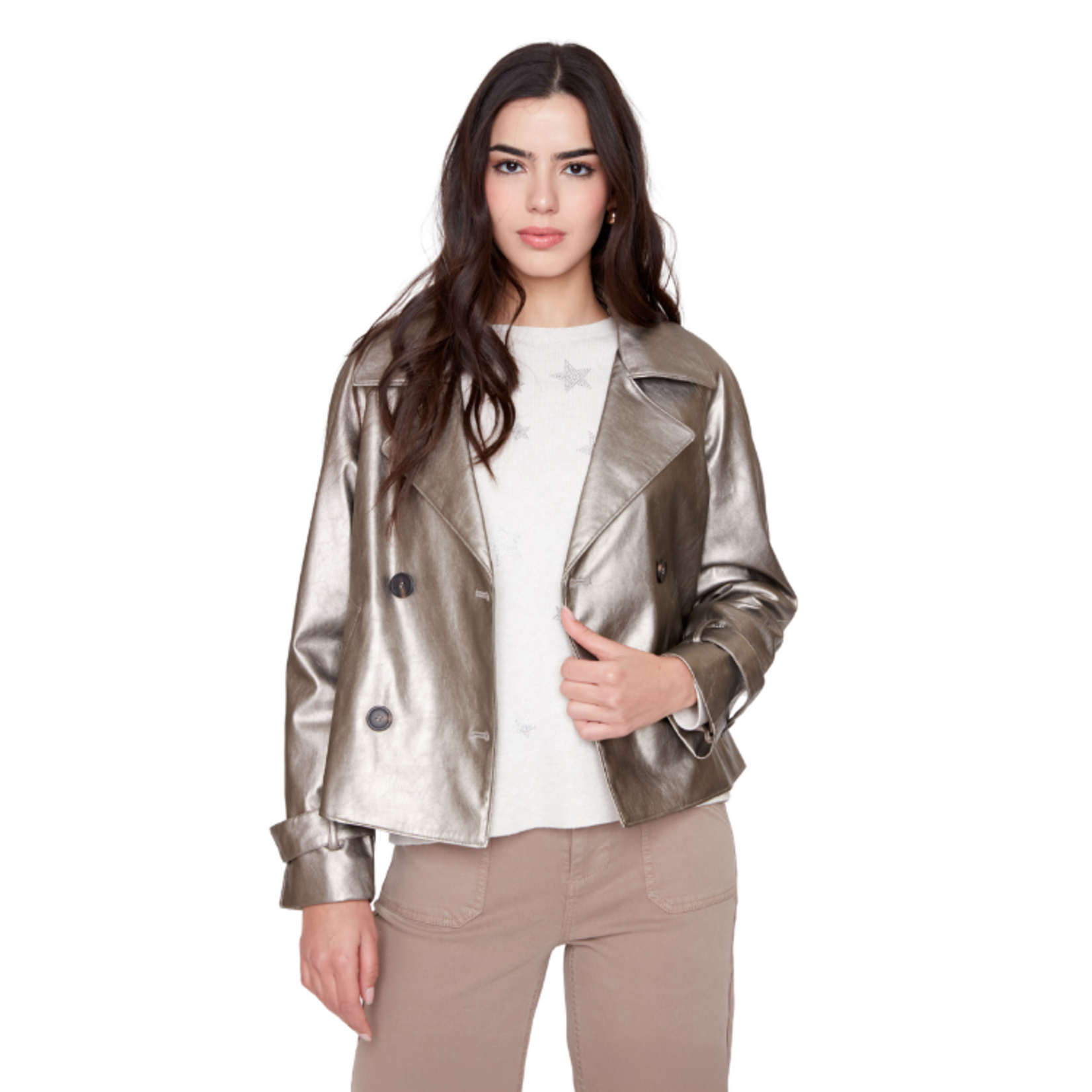 Renuar Renuar - Metallic Faux Leather Double-Breasted Jacket