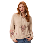 Tribal Soft Lace-Up Knit Sweater w/ Floral Embroidery
