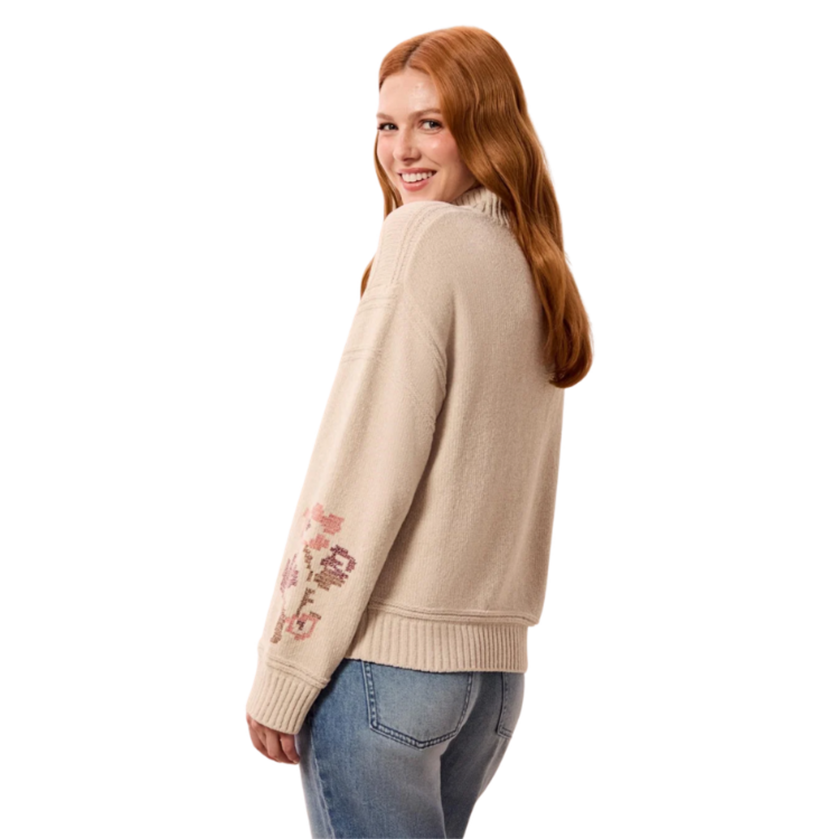 Tribal Tribal - Soft Lace-Up Knit Sweater w/ Floral Embroidery