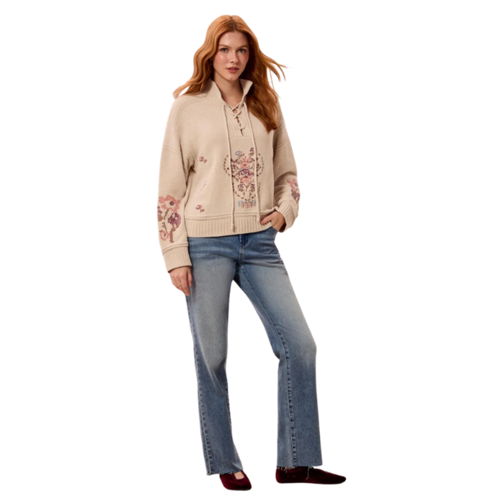 Tribal Tribal - Soft Lace-Up Knit Sweater w/ Floral Embroidery