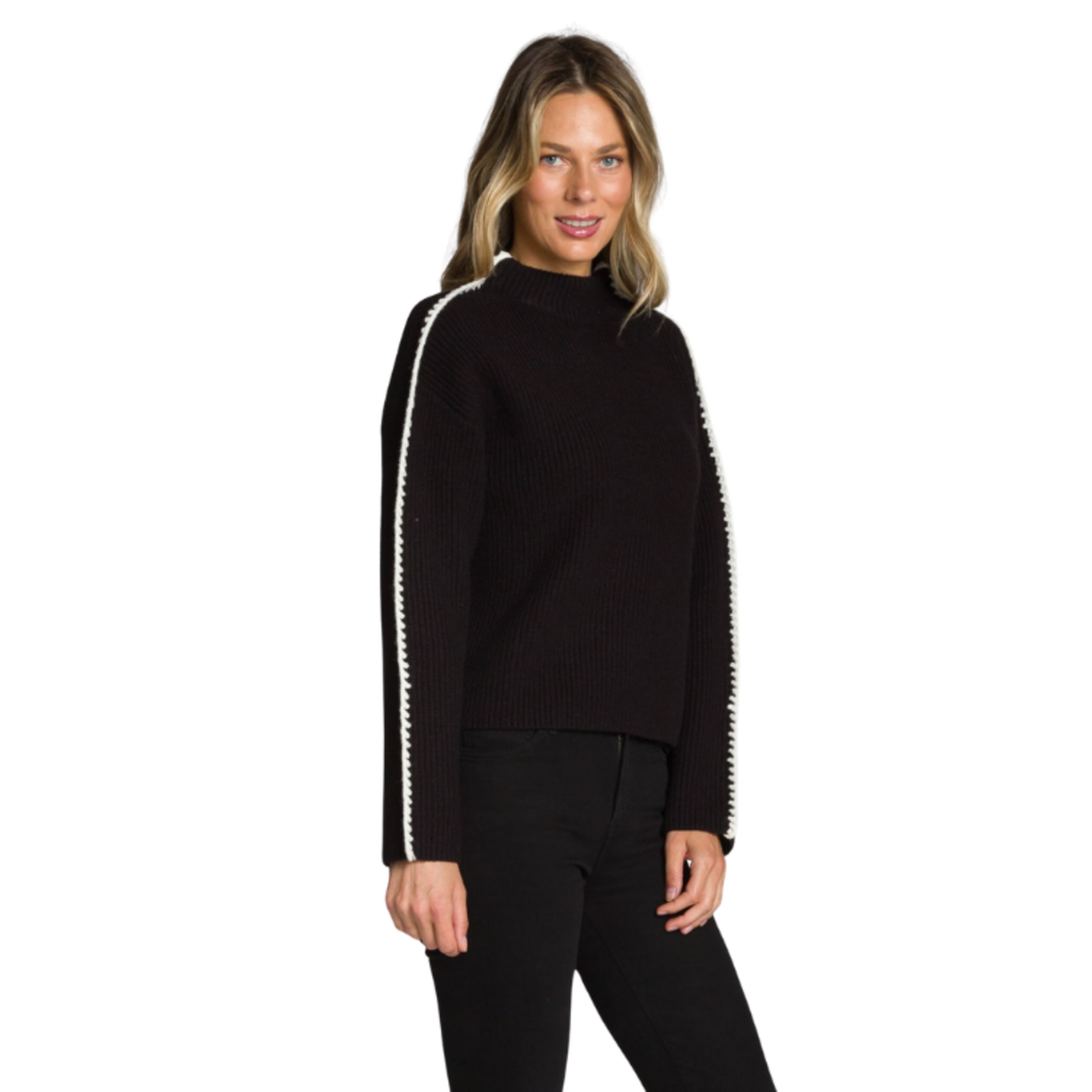 DKR & Co - Long Sleeve Mock Neck Sweater with Contrast Crochet Detail on Sleeves