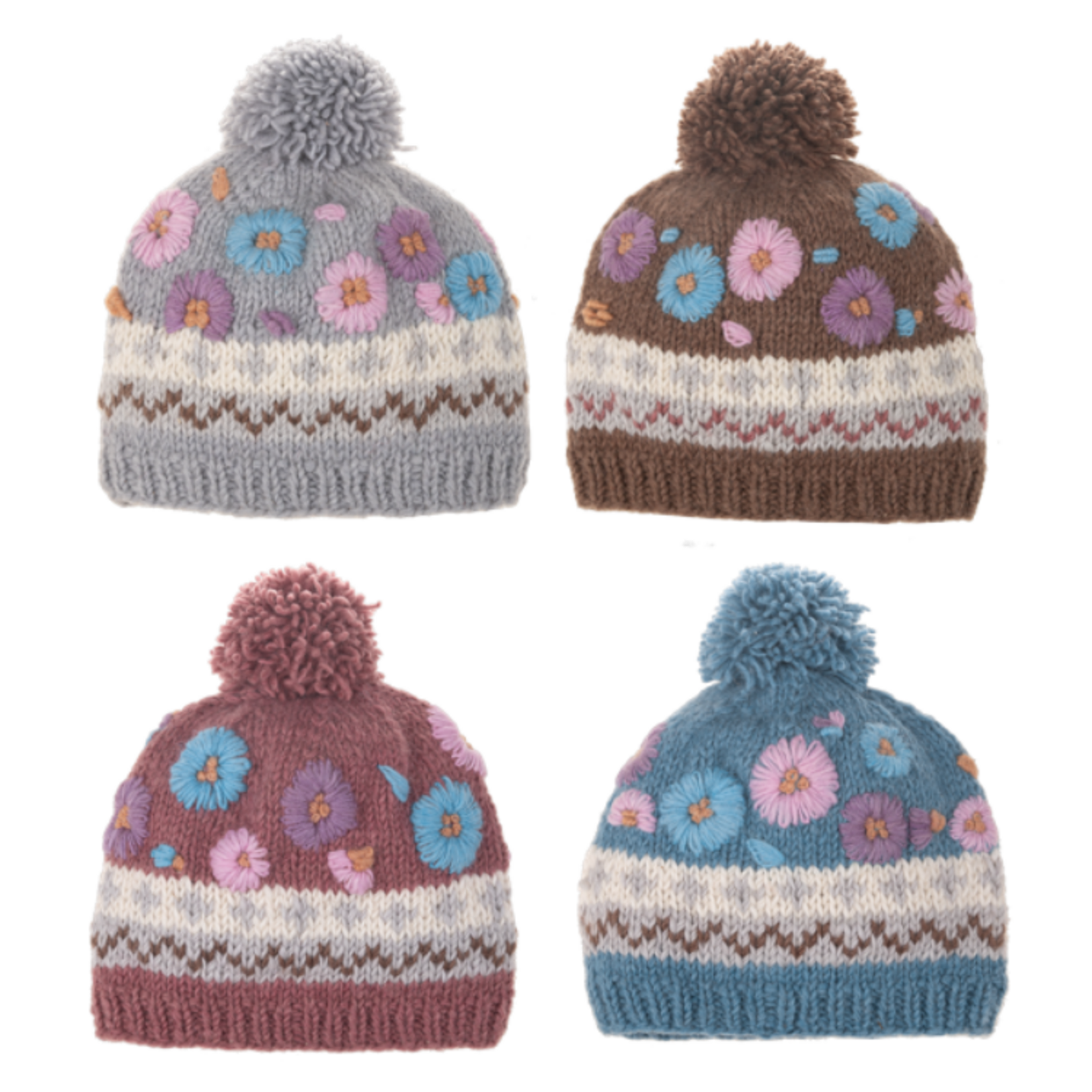 Knit Embroidered Flower Winter Toque
